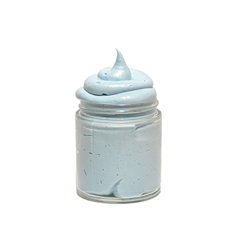 Jar of light blue Eucalyptus Spearmint whipped soap + Scrub on a white background