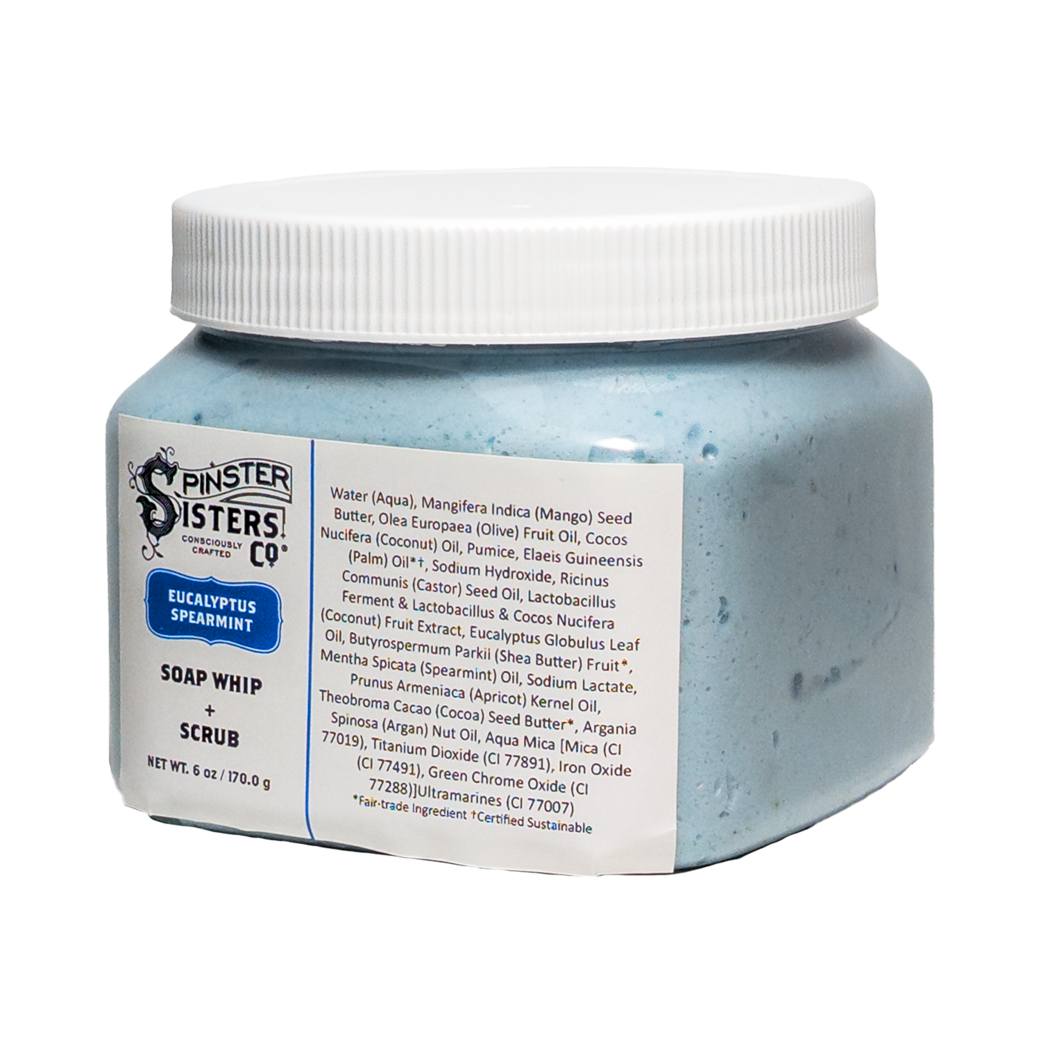 6 oz Jar of Spinster Sisters Co. Eucalyptus Spearmint soap whip + scrub on a white background