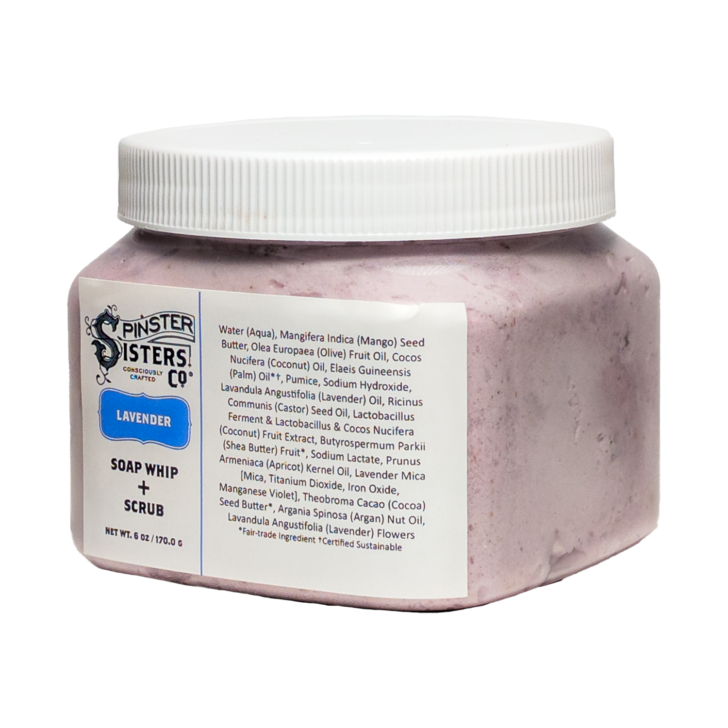 6 oz Jar of Spinster Sisters Co. Lavender soap whip + scrub on a white background