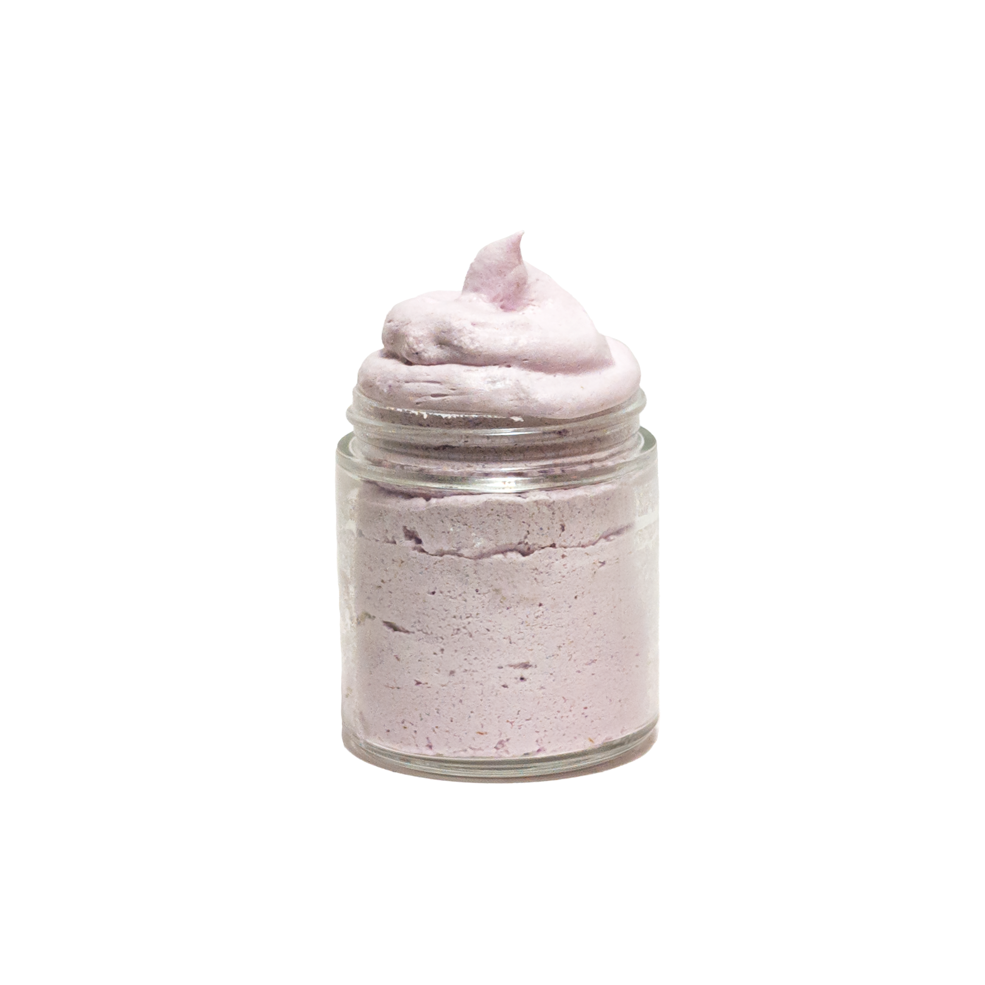 Clear glass jar filled with Lavender whipped soap + Scrub on a white background