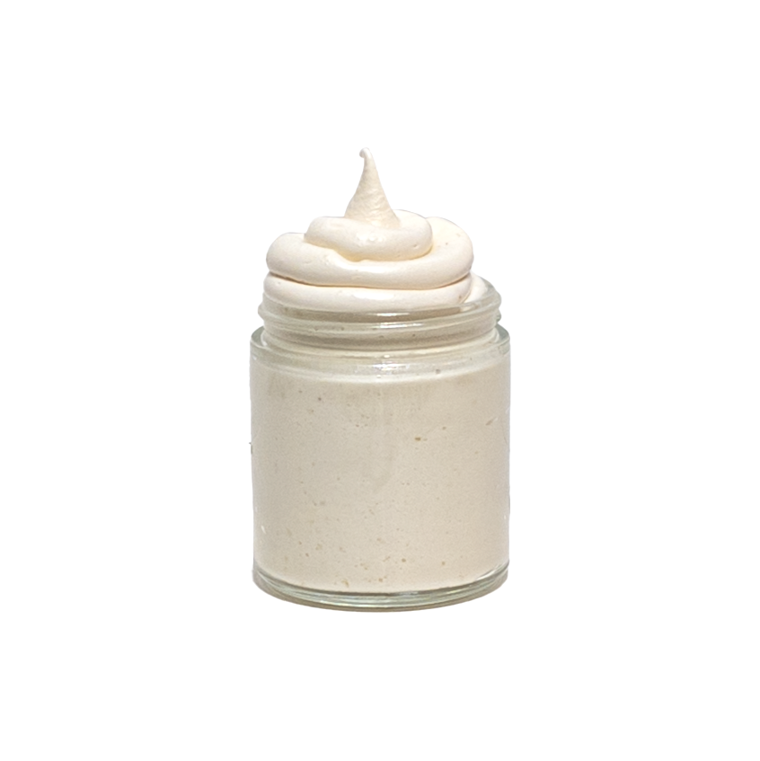 Glass jar of Oatmeal Milk & Honey whipped soap + Scrub on a white background