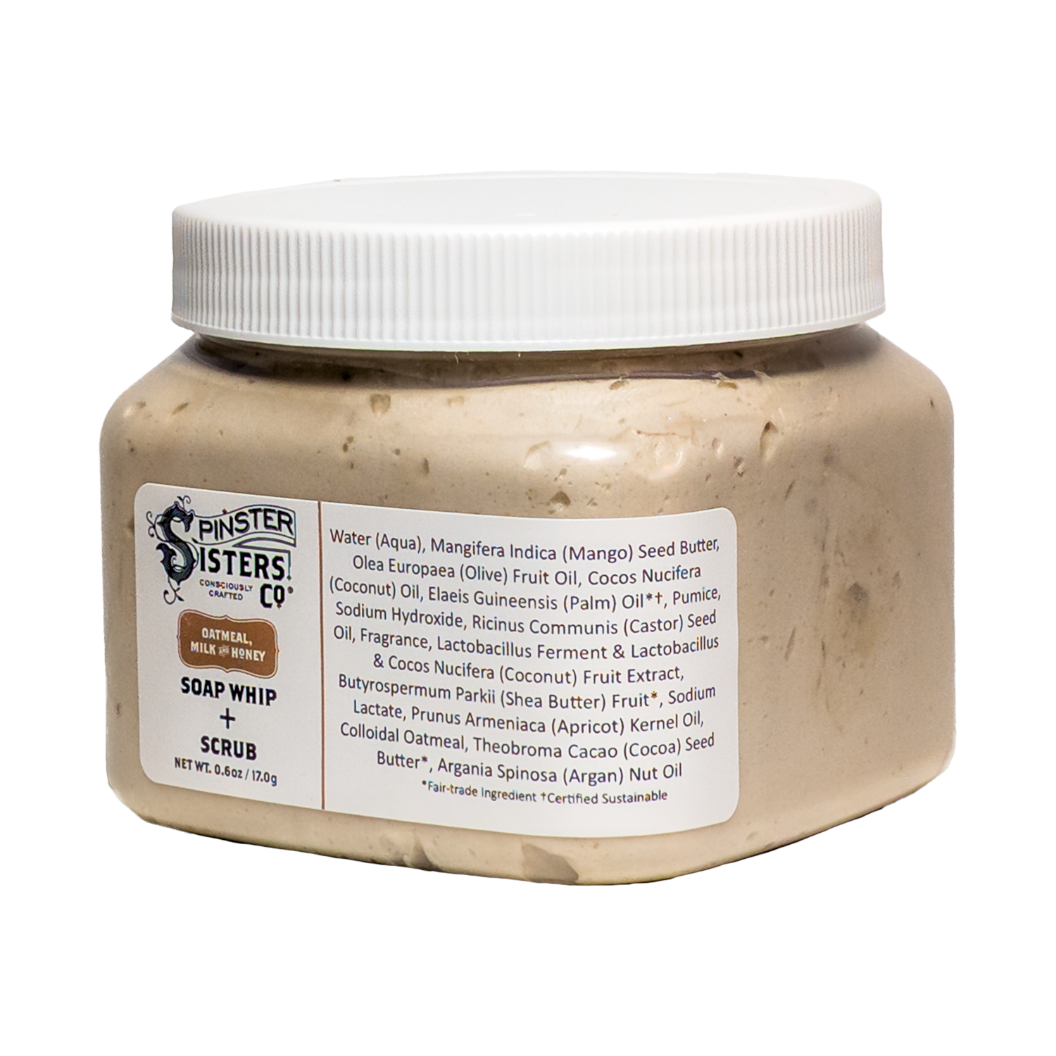 6 oz Jar of Spinster Sisters Co. Oatmeal 
Milk & Honey soap whip + scrub on a white background