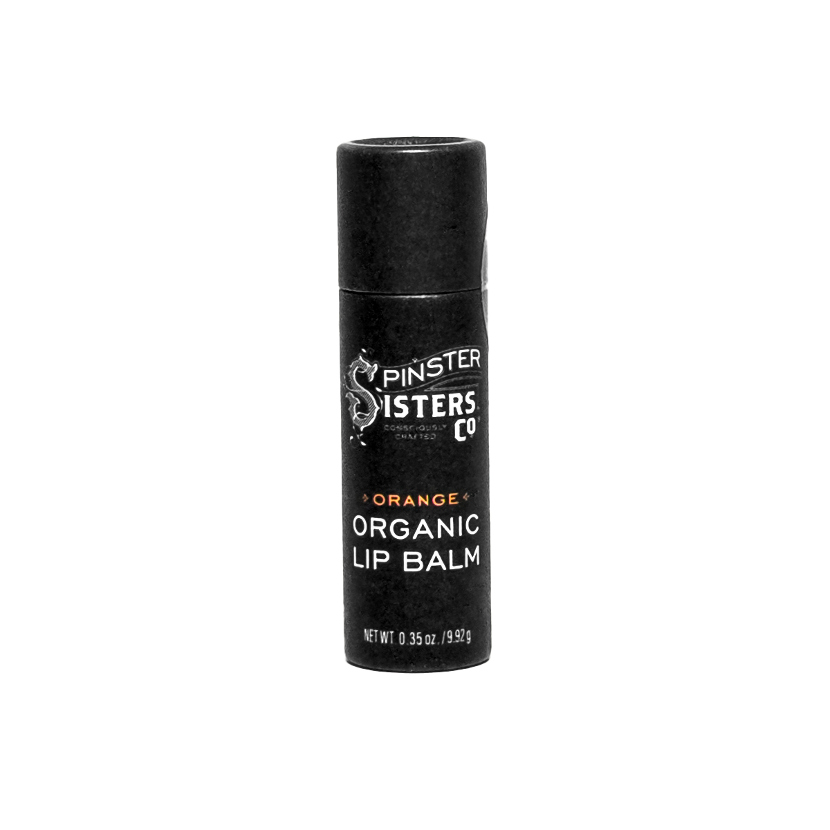 Orange lip balm with 'Spinster Sisters Co' branding on a white background
