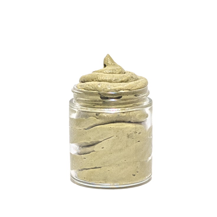 Glass jar of Timber whipped soap + Scrub on a white background