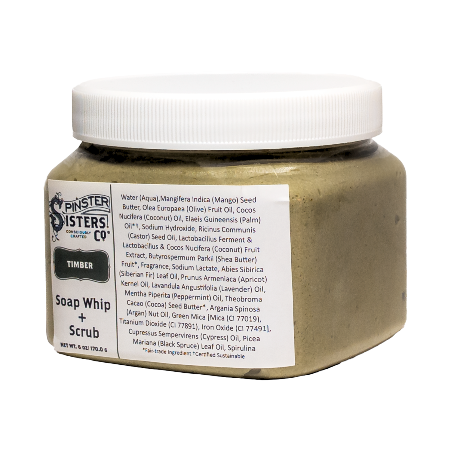 6 oz Jar of Spinster Sisters Co. Timber soap whip + scrub on a white background