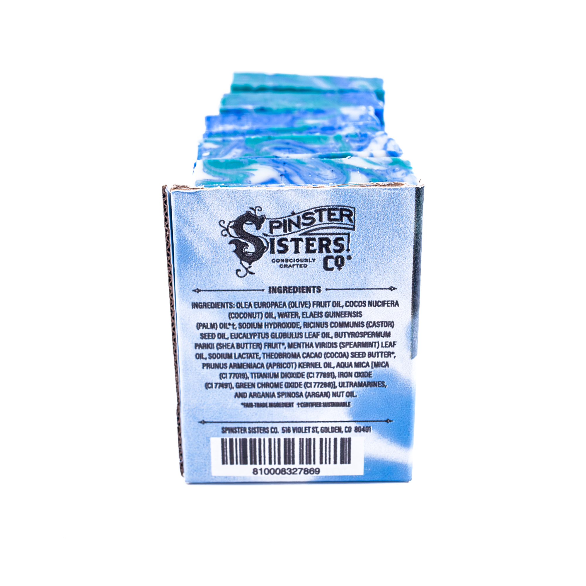 Box of Spinster Sisters Co. product with blue and white design