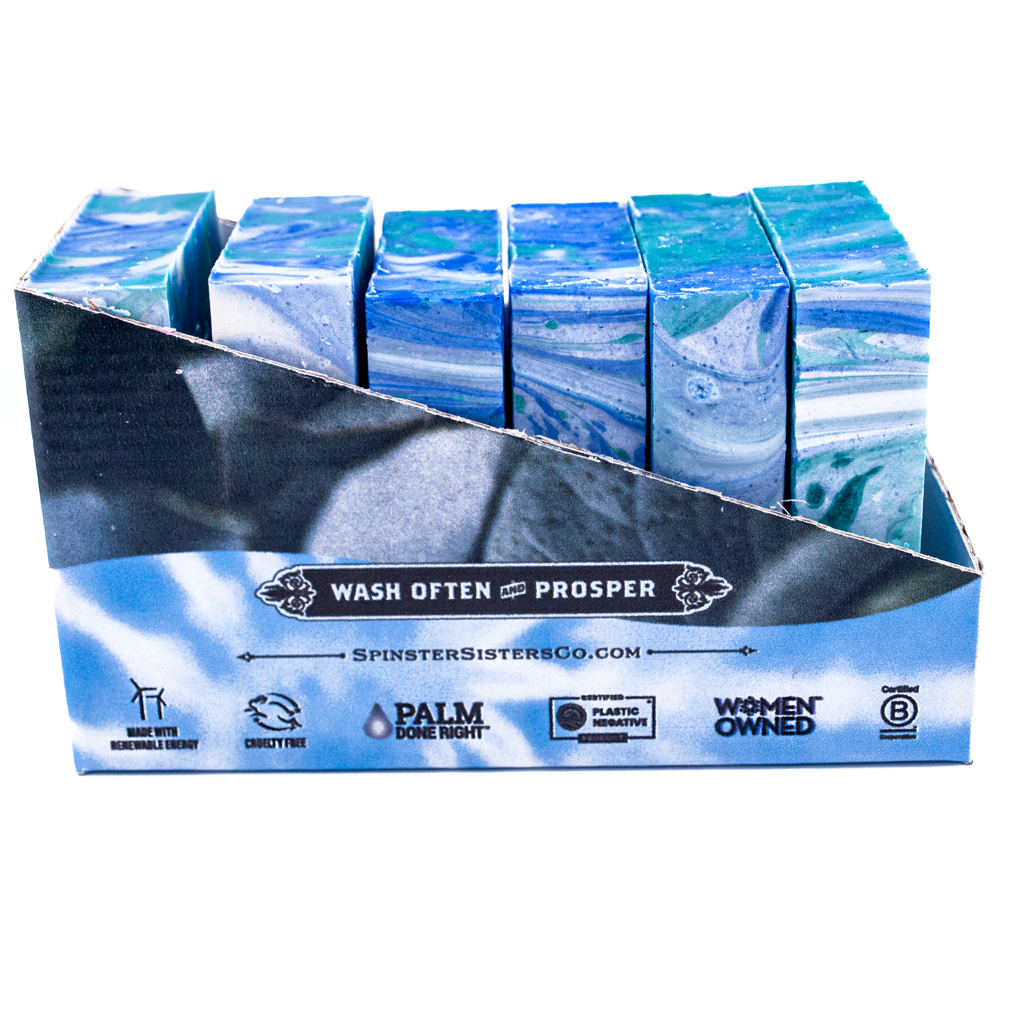 Case of blue marbled Eucalyptus Spearmint soap bars with branding and sustainability information on a white background