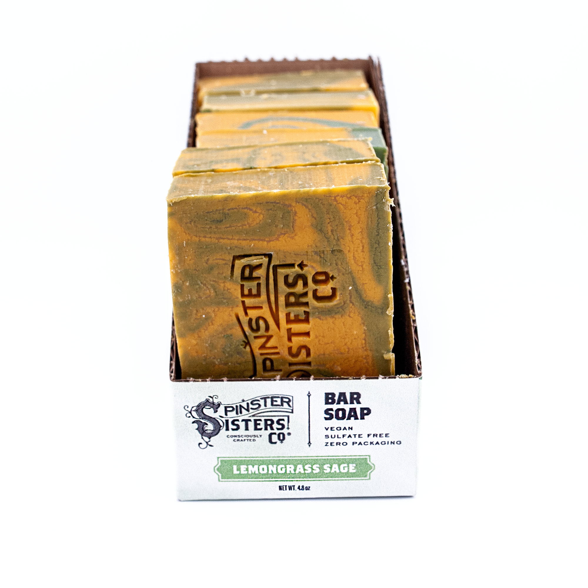 Case of Spinster Sisters Co lemongrass sage bar soap on a white background