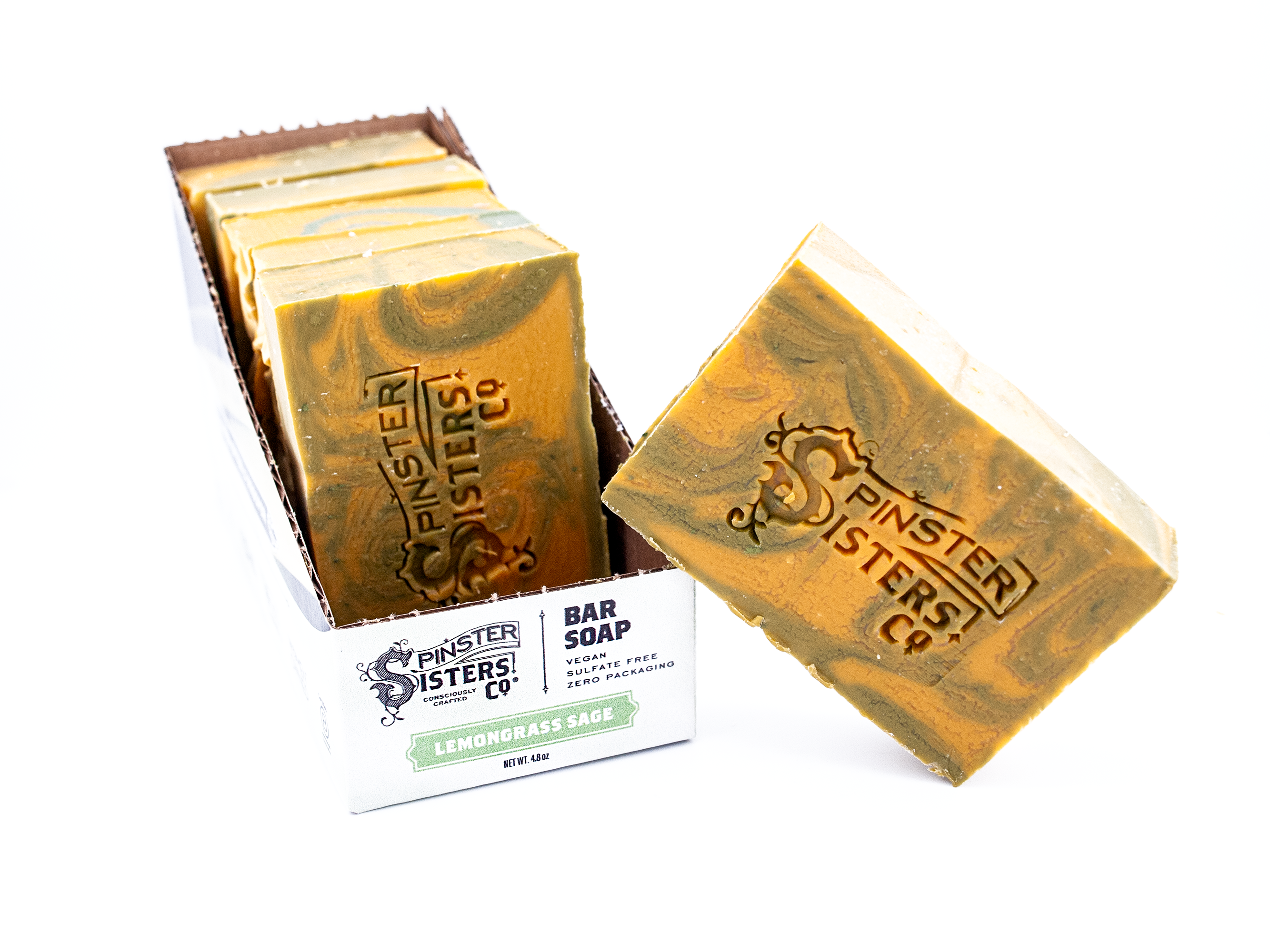 Spinster Sisters Co.  Lemongrass Sage bar soap with packaging on a white background