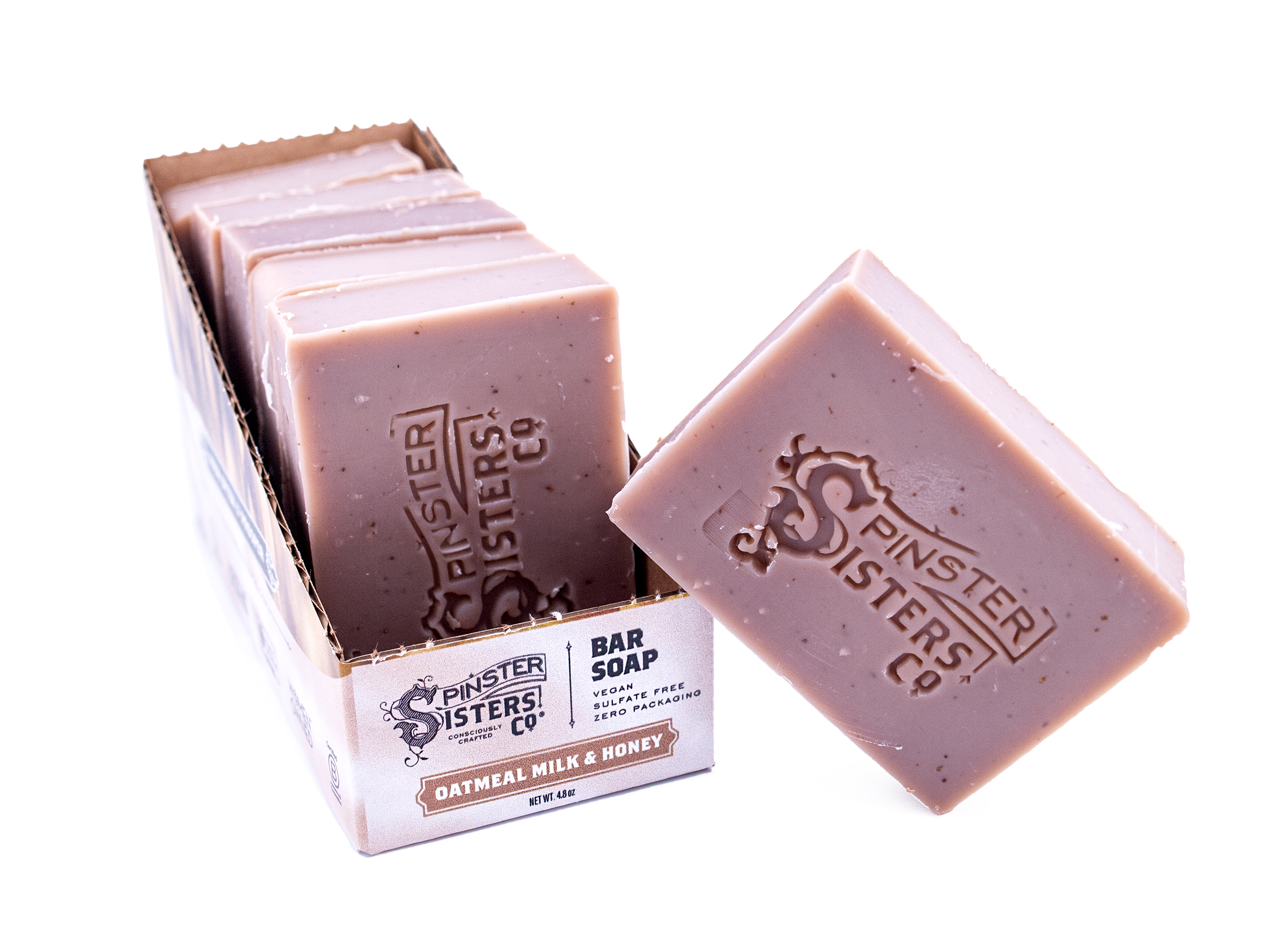 Case of Oatmeal Milk & Honey soap with 'Spinster Sisters Co' branding on a white background