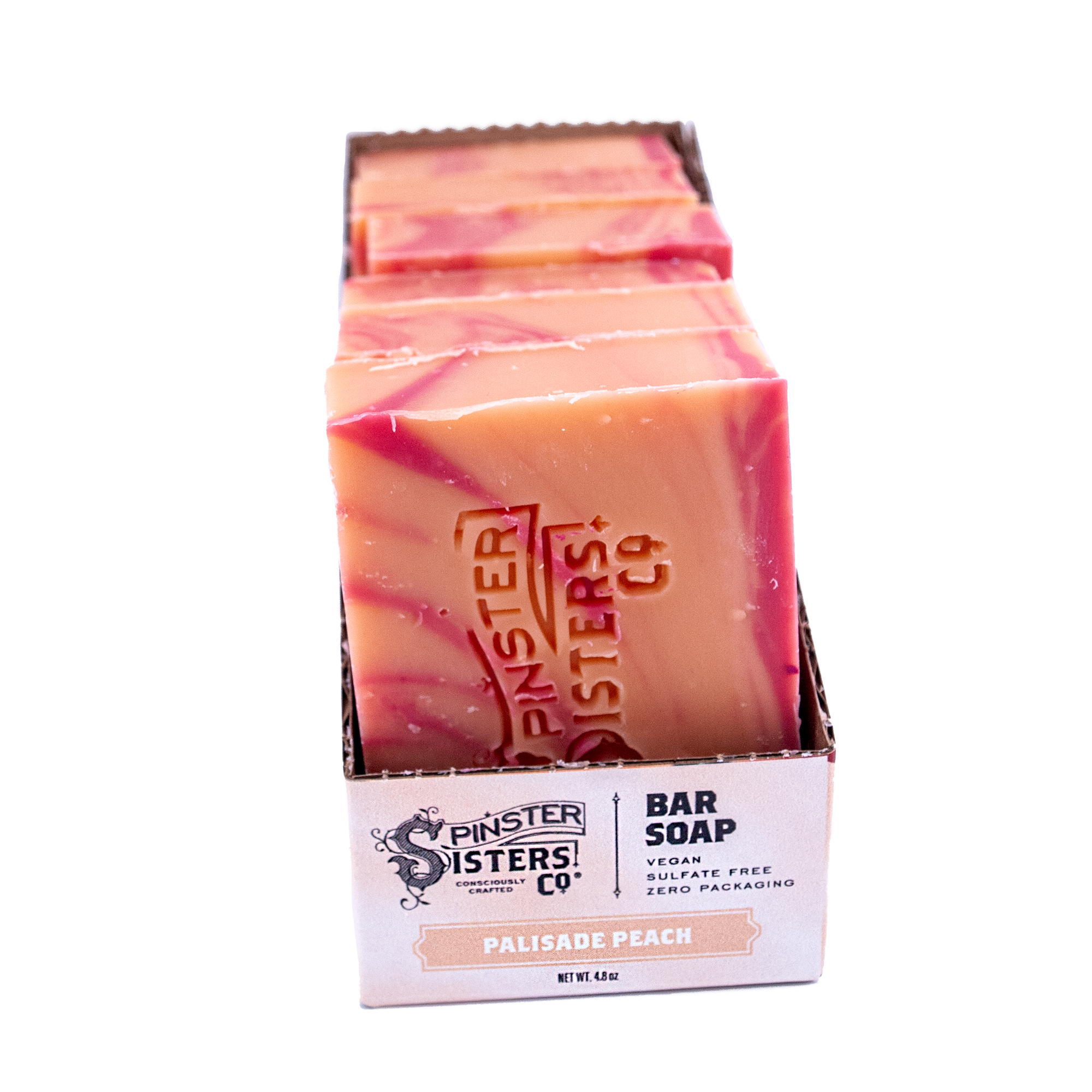 Pack of Spinster Sisters Co. Palisade Peach bar soaps on a white background