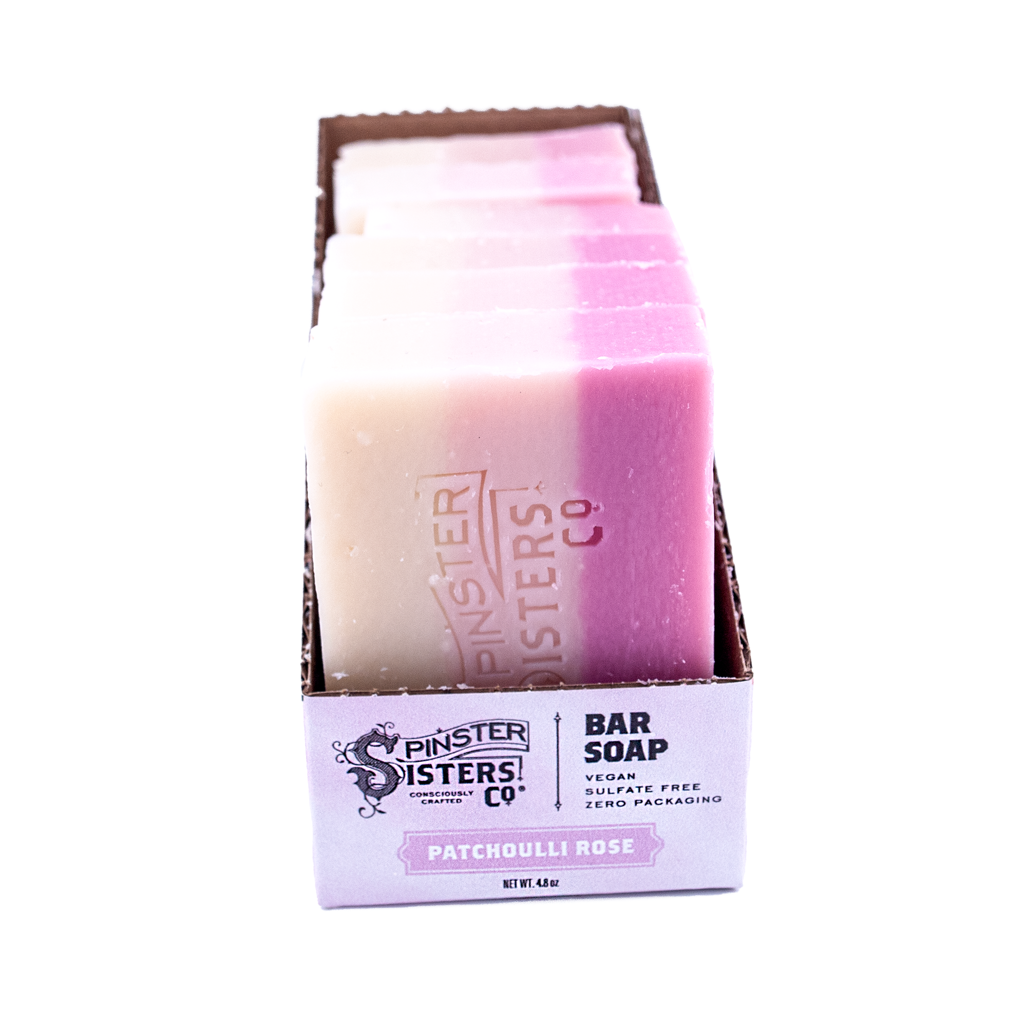 Case of Patchouli Rose Spinster Sisters Co. bar soap with pink and white gradient