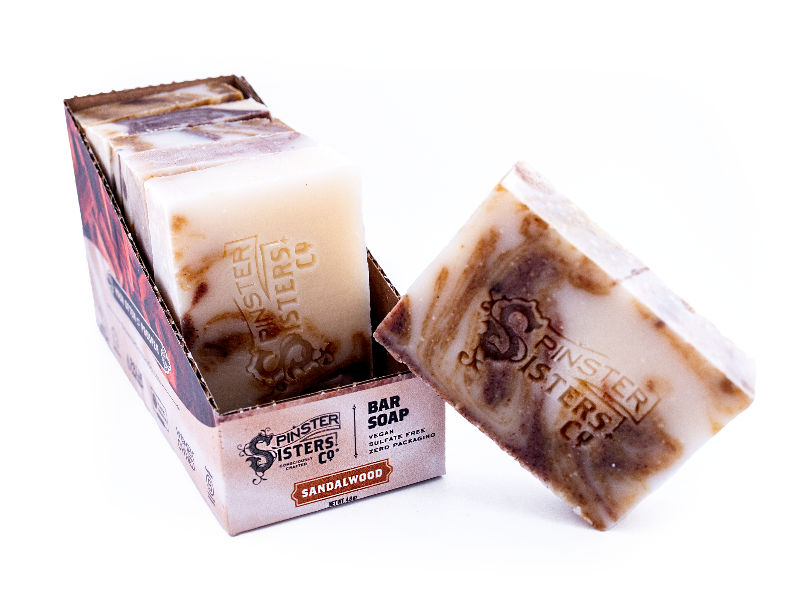 Case of 6 Sandalwood Bars with 'Spinster Sisters Co' branding on a white background