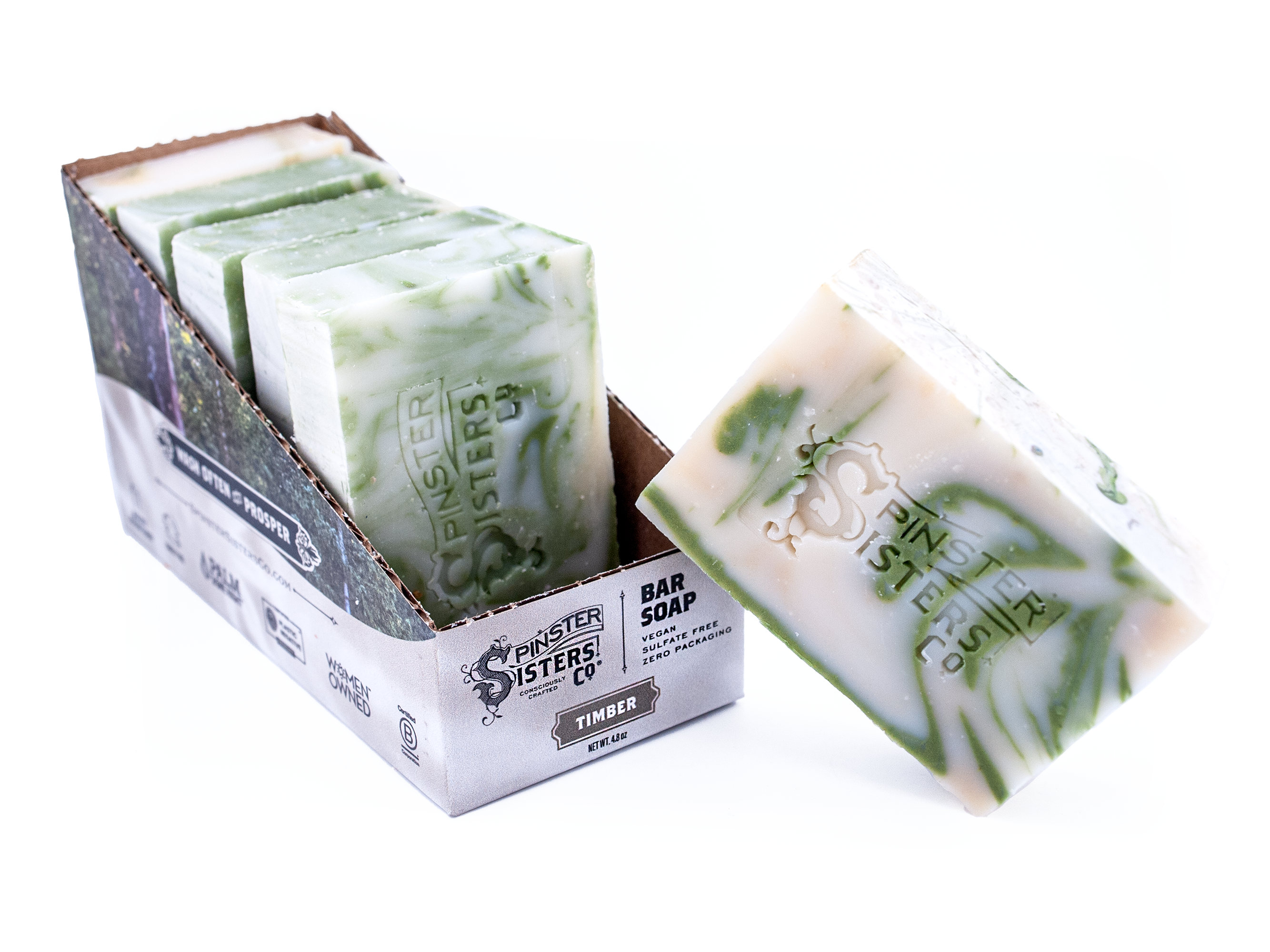 Case of 6 Green and white Timber soap with branding on a white background
