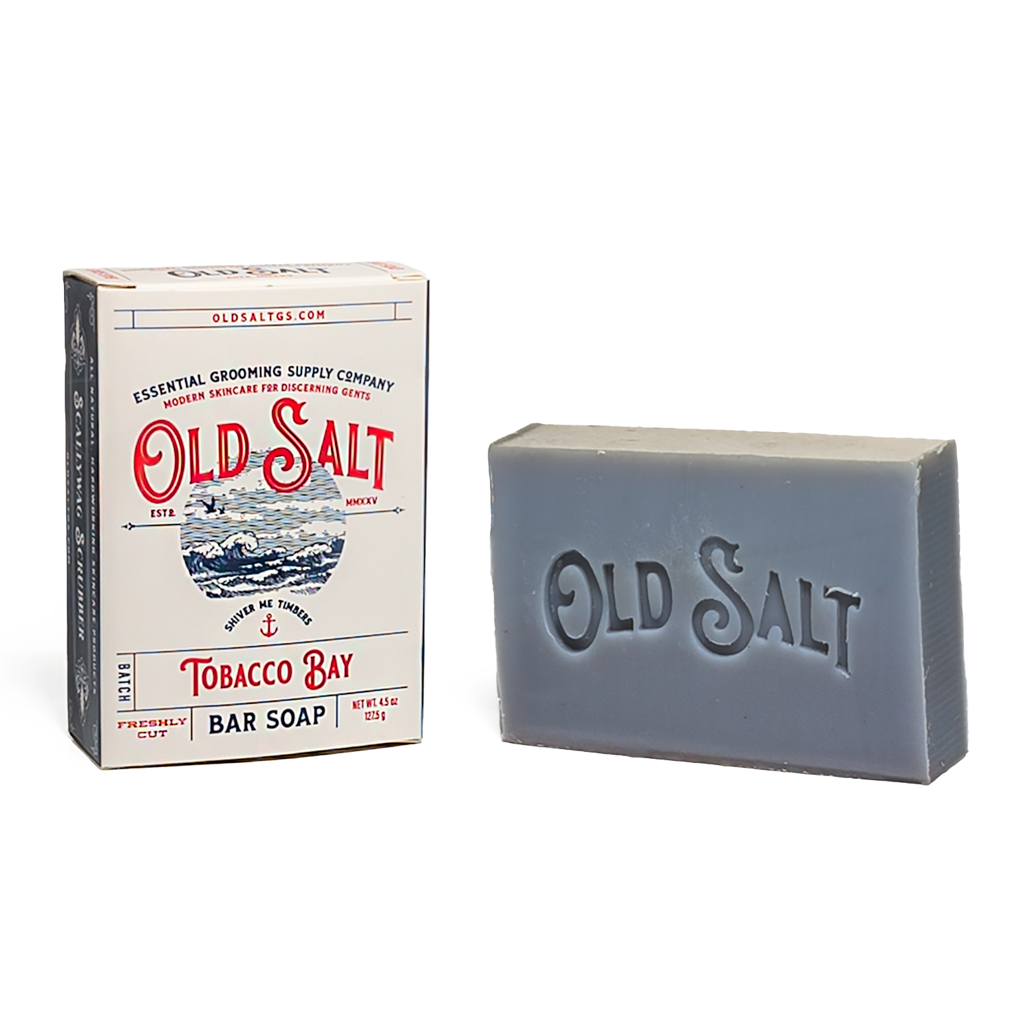 Bar of Tobacco Bay soap and packaging labeled 'Old Salt' on a white background