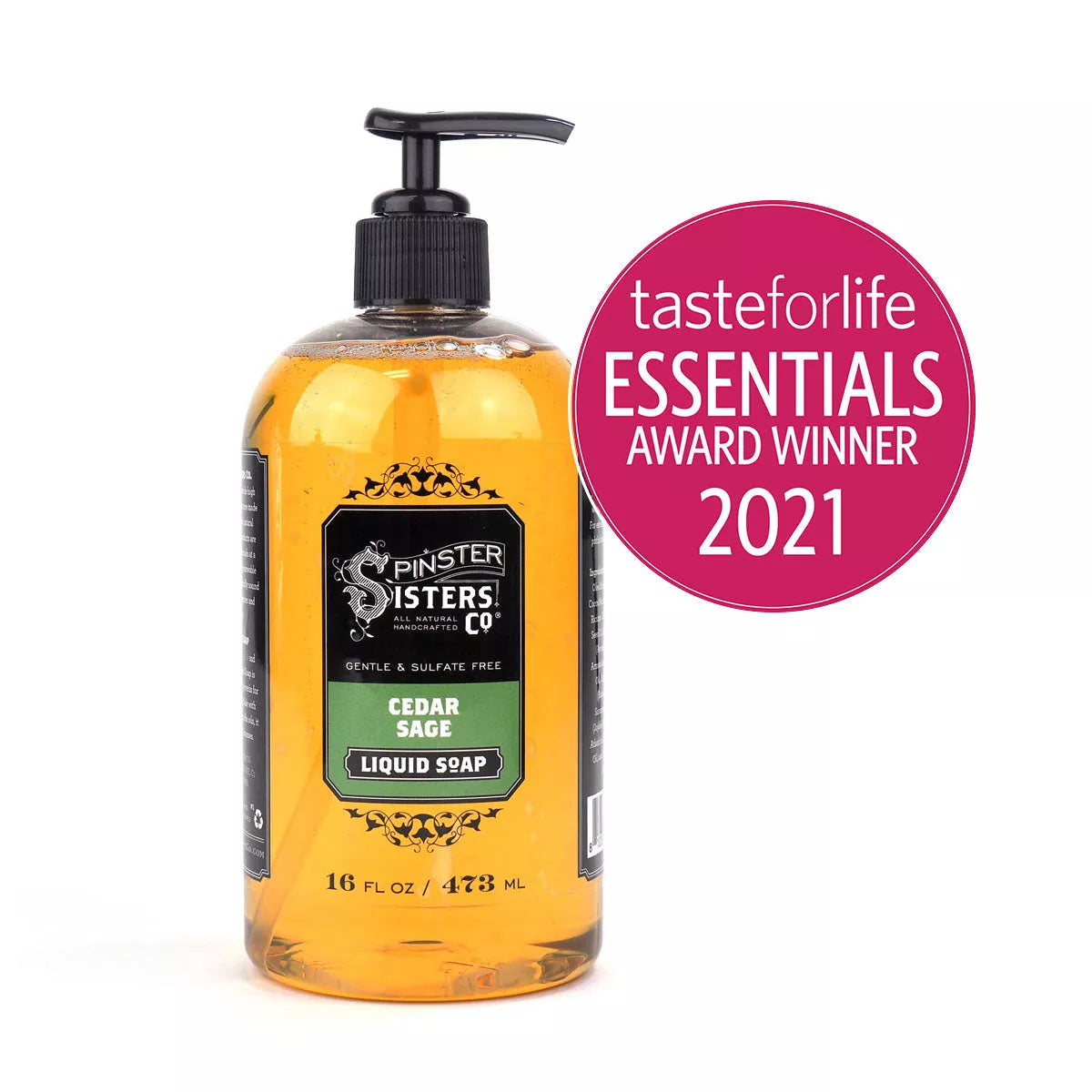 Bright yellow liquid hand and body soap in Cedar Sage Tasteforlife Essentials Award Winner 2021