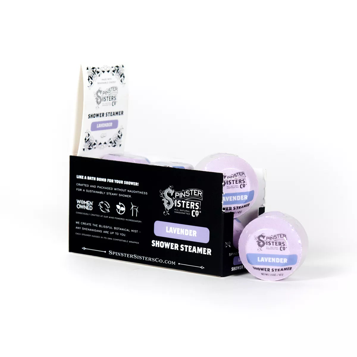 Black Lavender Shower Steamer - Six Pack box with Purple Lavender Steamers inside and beside box.