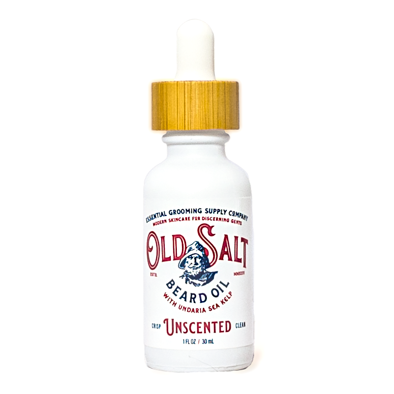 Bottle of Old Salt Beard Oil with a wooden dropper on a white background