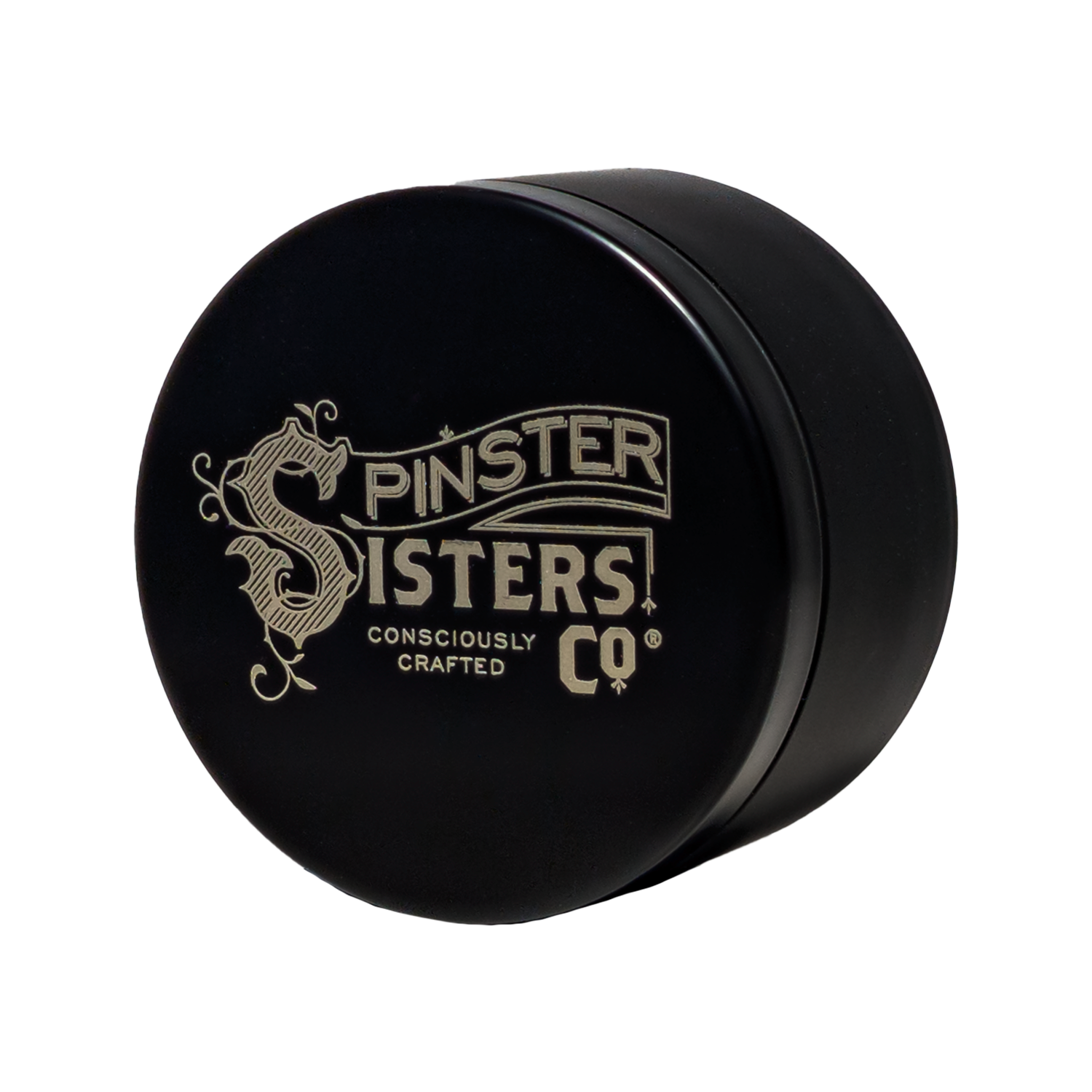 'Spinster Sisters Co Consciously Crafted' Etched on a Black colored travel tin