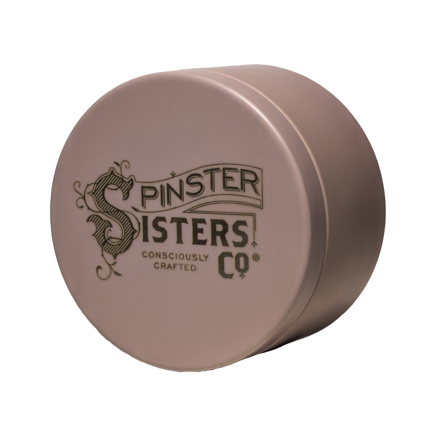 'Spinster Sisters Co Consciously Crafted' Etched on a Blush colored travel tin