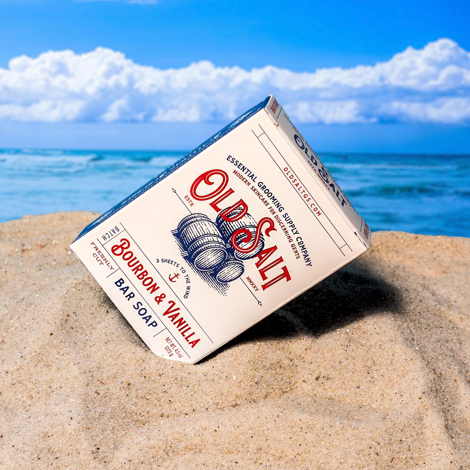 Box of Old Salt Bourbon & Vanilla Bar Soap on a Sandy beach