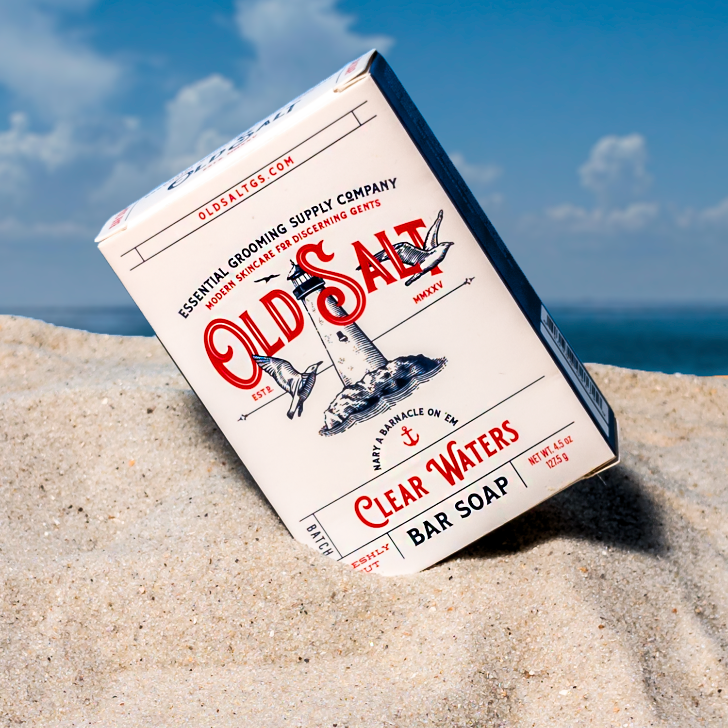 Box of Old Salt Clear Waters Bar Soap on a Sandy beach