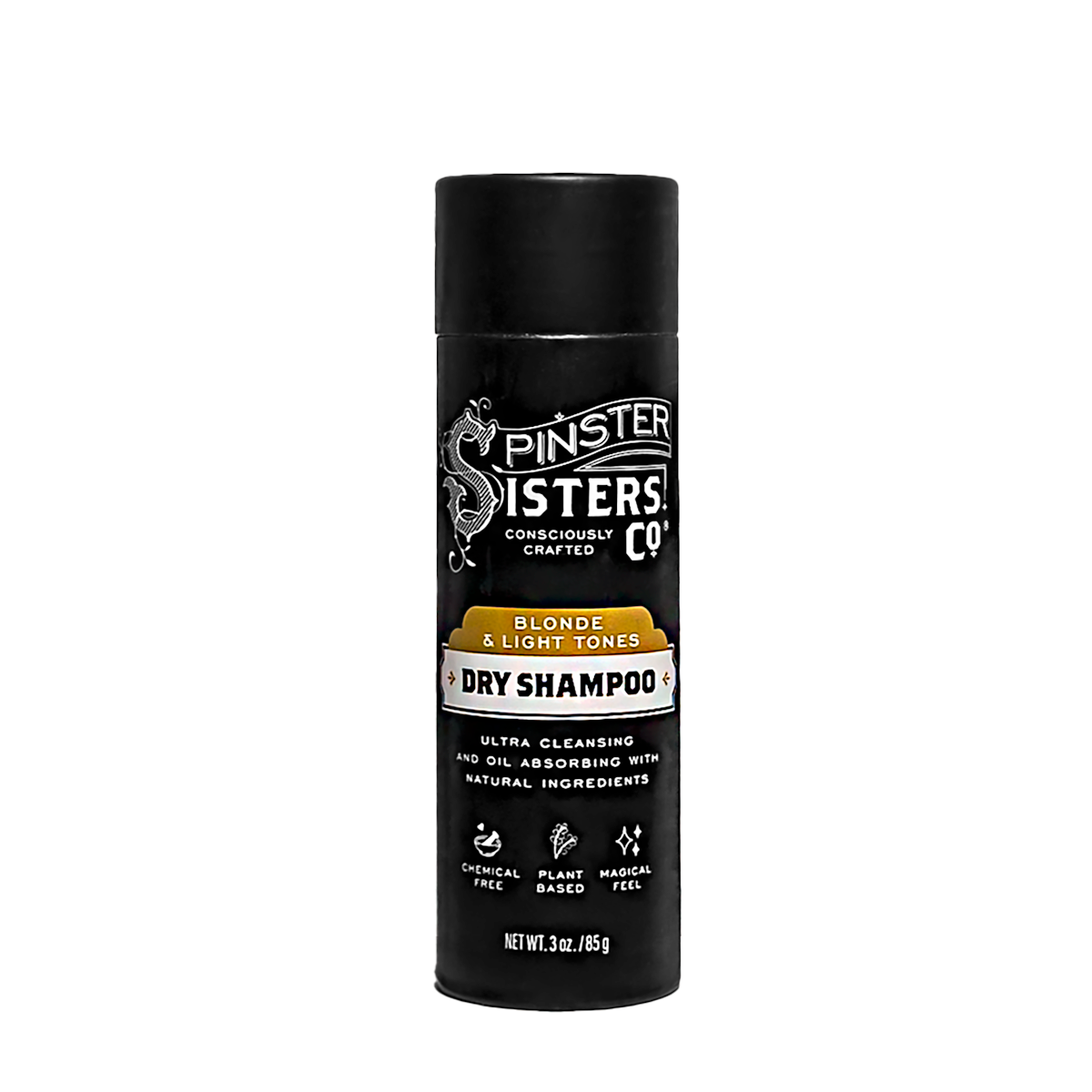 Black Tube of Spinster Sisters Co. Blonde dry shampoo on a white background