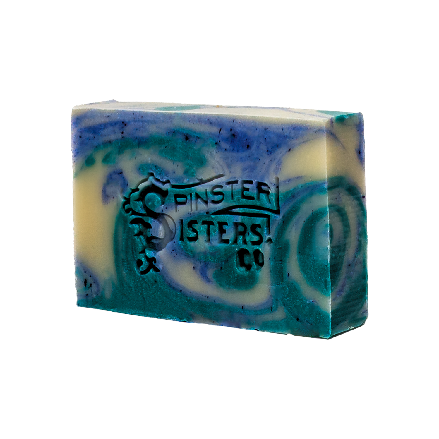 Eucalyptus Spearmint bar soap Swirled blue and green with 'Spinster Sisters Co' branding on a white background