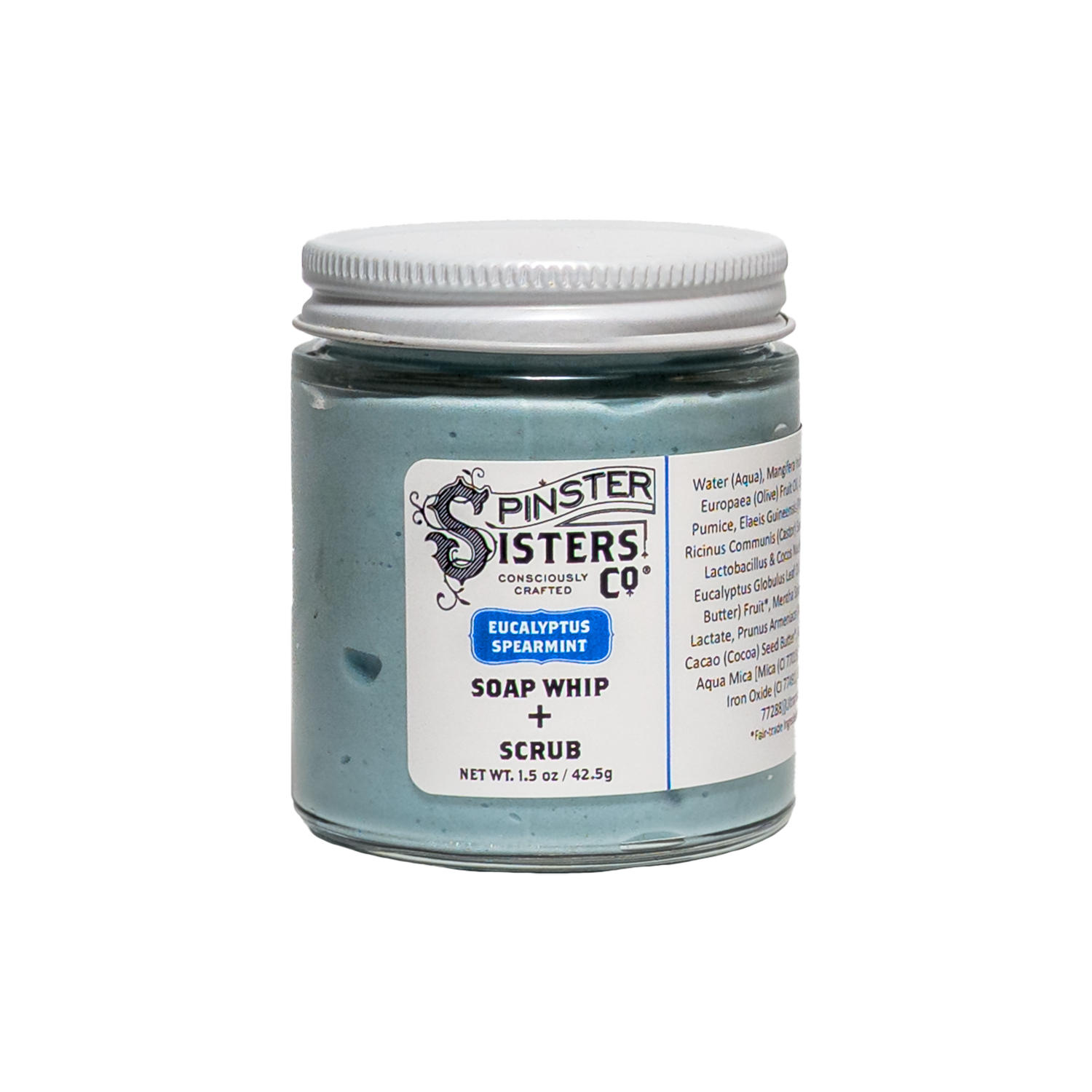 1.5 oz Jar of Spinster Sisters Co. Eucalyptus Spearmint soap whip + scrub on a white background