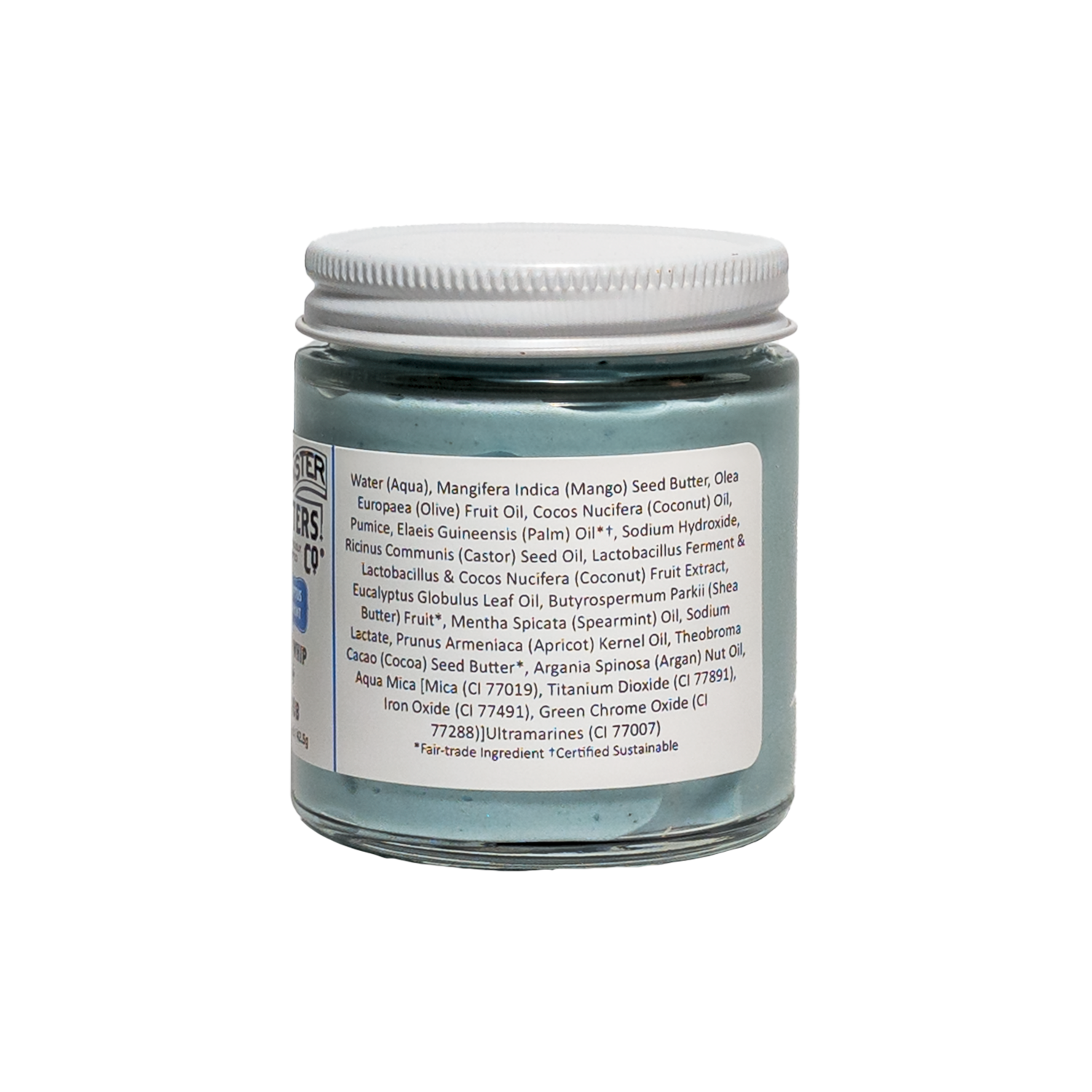 1.5 oz Jar of Spinster Sisters Co. Eucalyptus Spearmint soap whip + scrub ingredients list on a white background