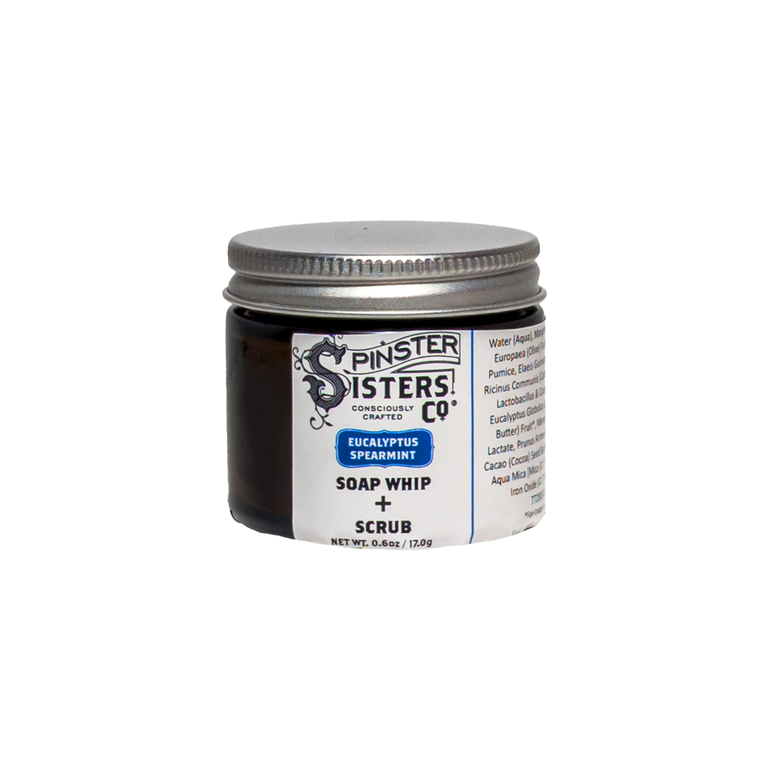 0.6 oz Jar of Spinster Sisters Co. Eucalyptus Spearmint soap whip + scrub on a white background