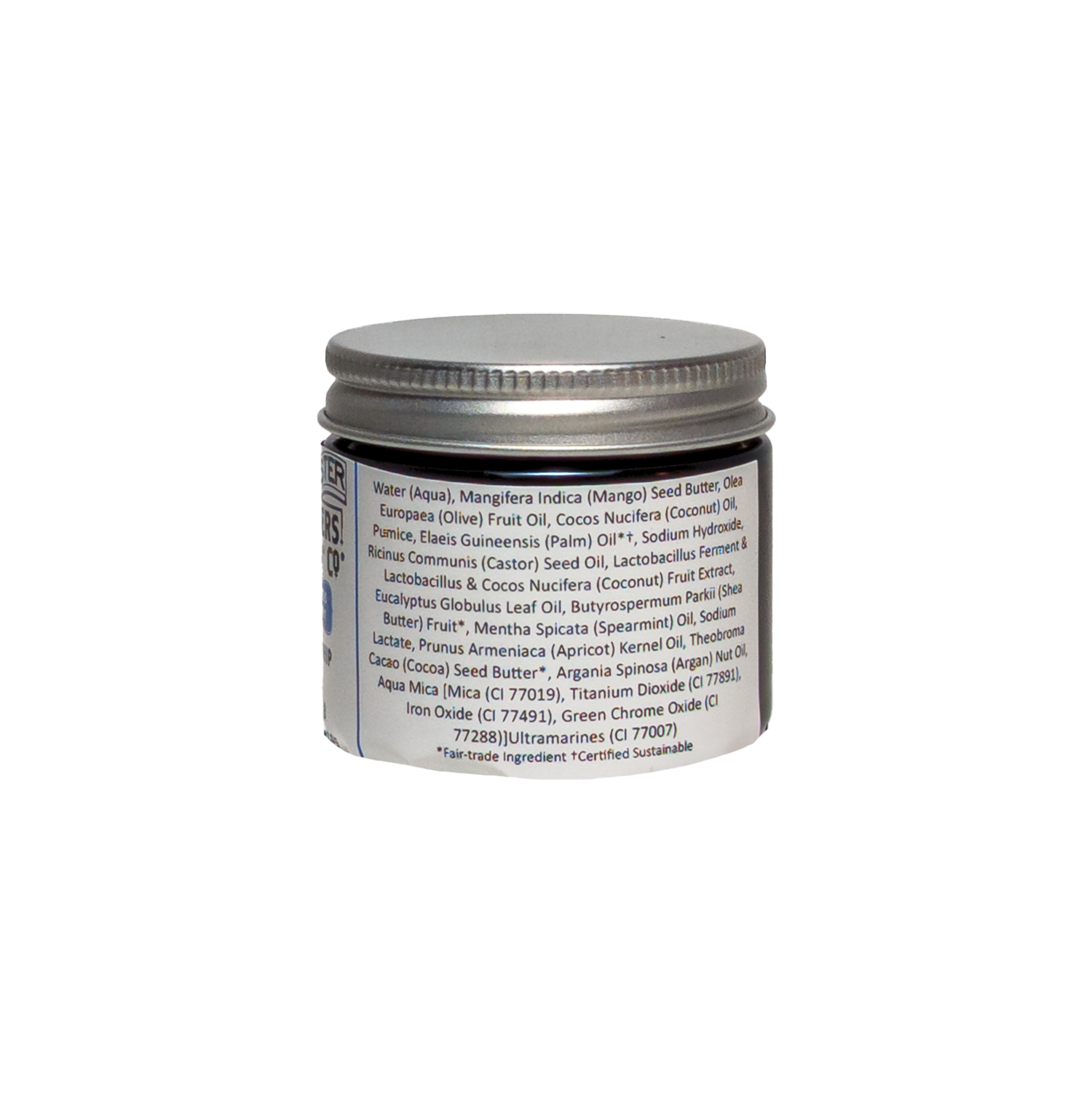 0.6 oz Jar of Spinster Sisters Co. Eucalyptus Spearmint soap whip + scrub ingredients list on a white background