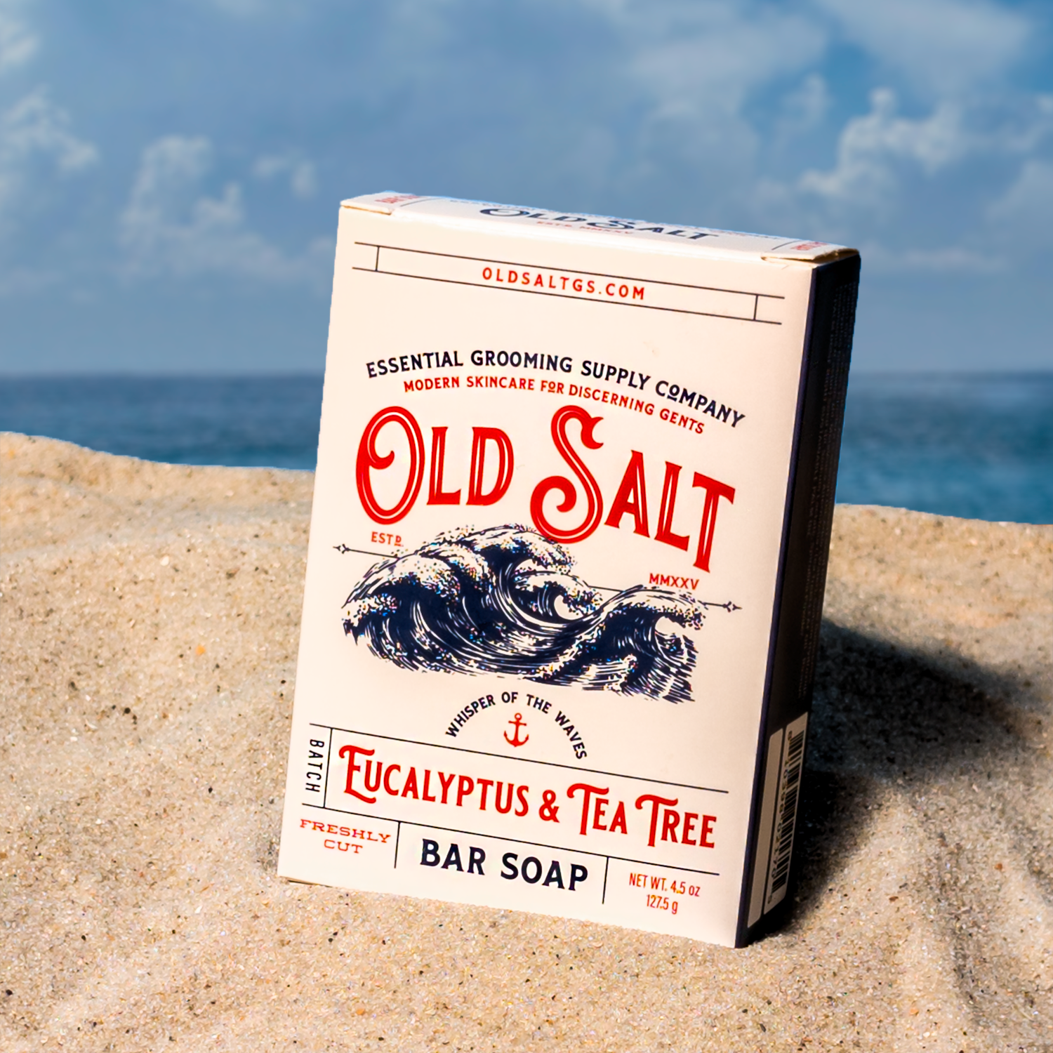 Box of Old Salt Eucalyptus & Tea Tree Bar Soap on a Sandy beach