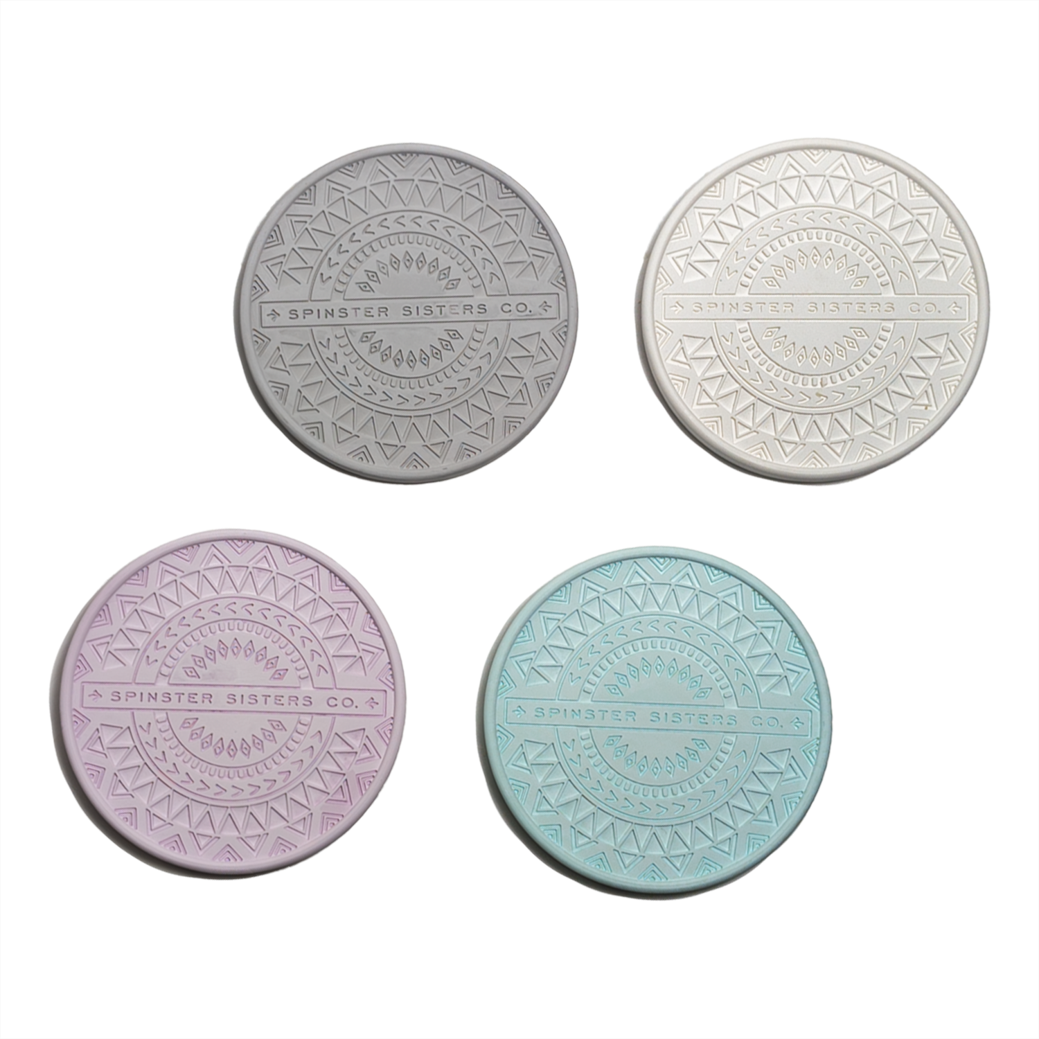 4 Circular 'Spinster Sisters Co" Soap Trays in Grey, Cream, Blush, and Sage
