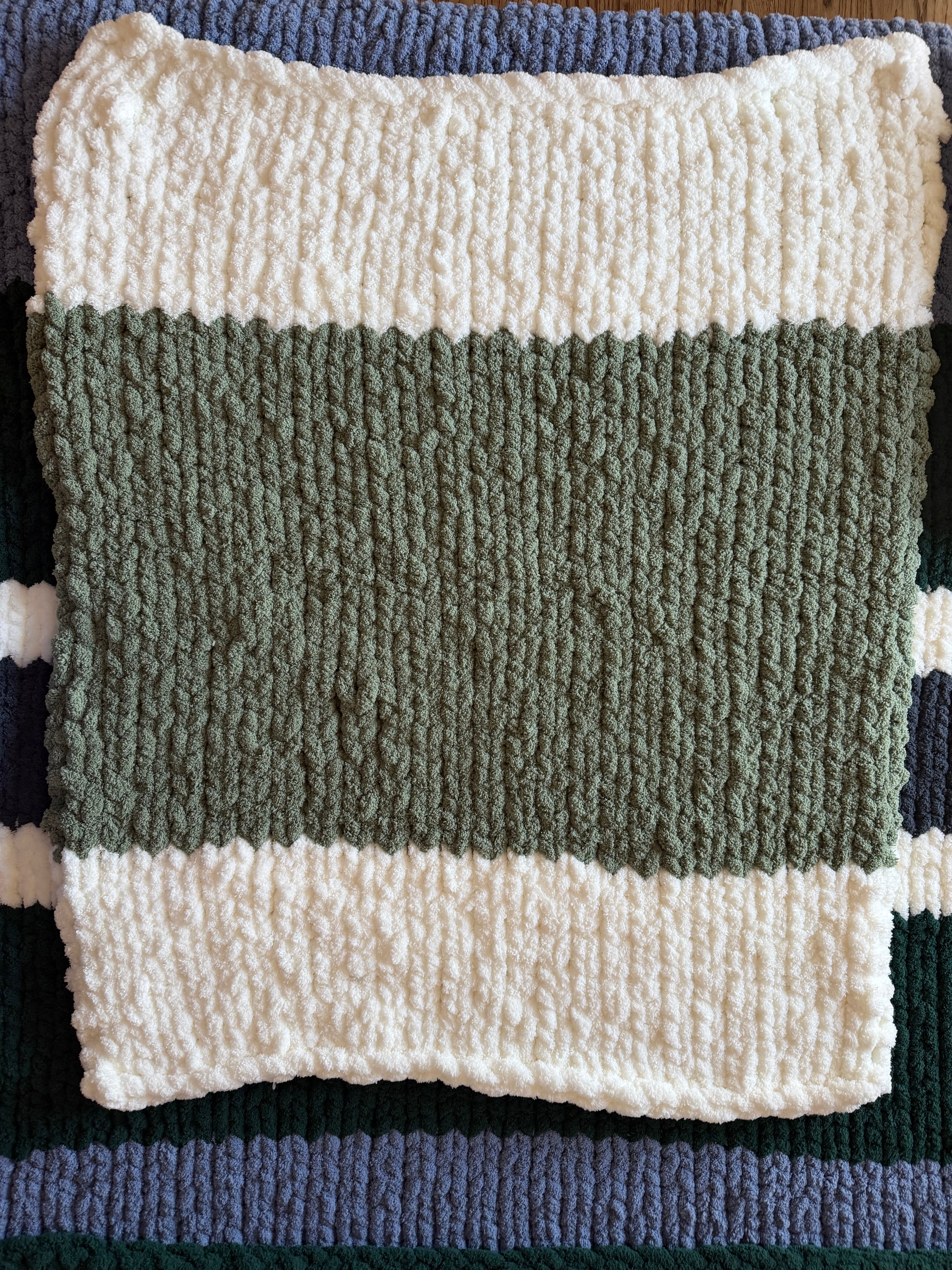 Cream and Sage Finger-Knit Handmade Throw Blanket - 44" x 50"
