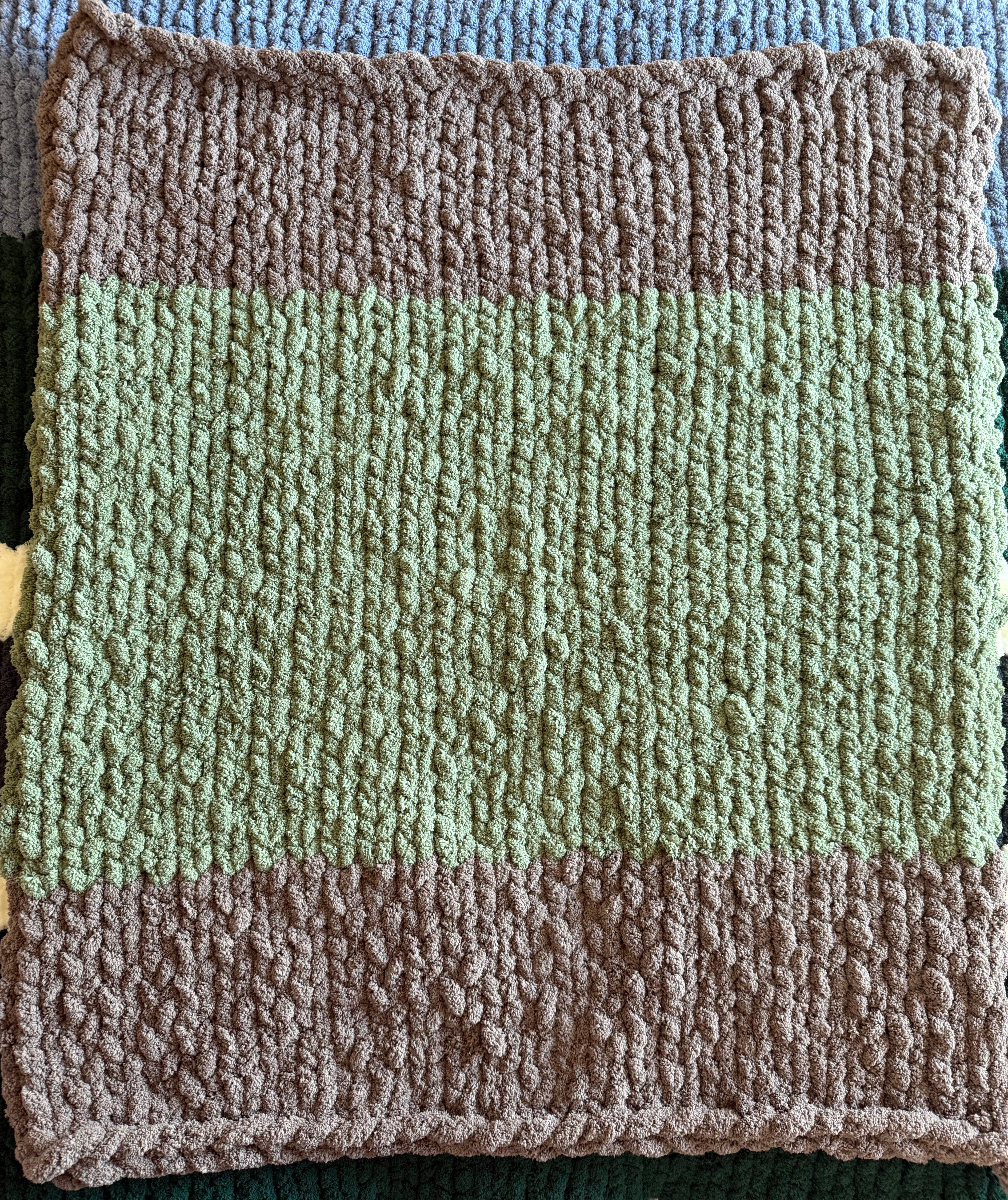 Coffee + Sage Chenille  Finger-Knit Handmade Throw Blanket - 42" x 46"