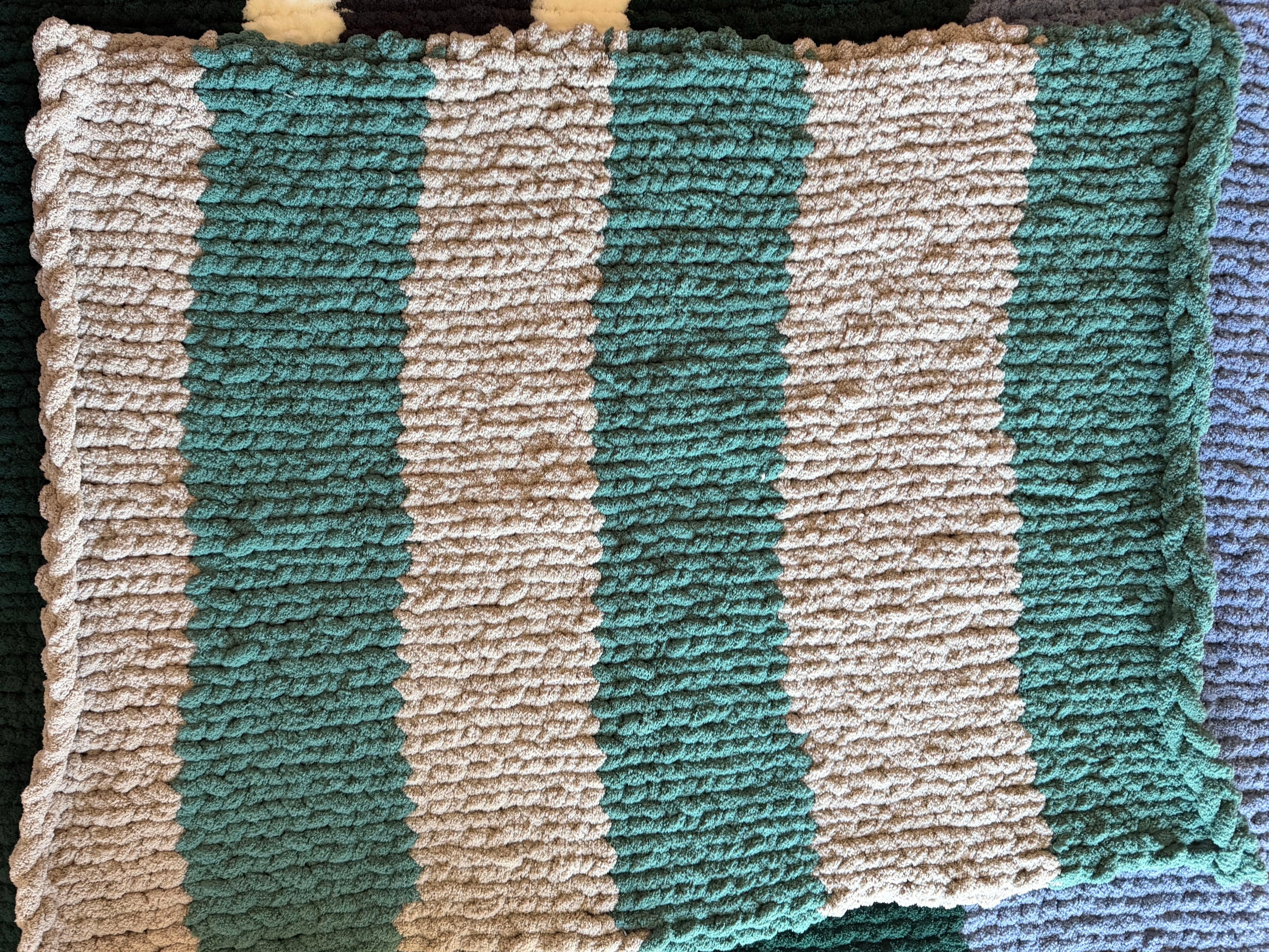 Beige + Forest Green Chenille  Finger-Knit Handmade Throw Blanket - 36" x 48"