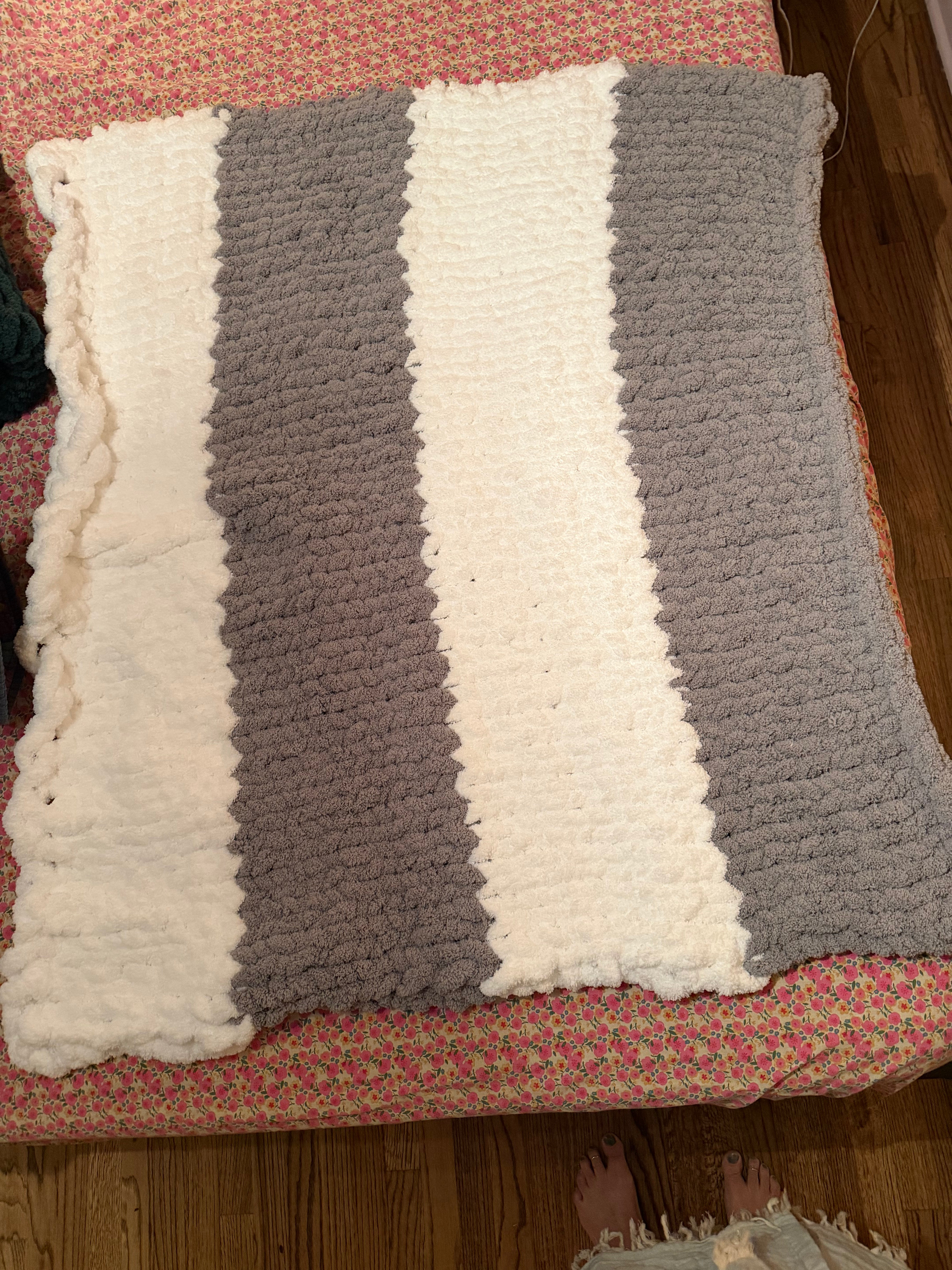 White and Light Grey Chenille  Finger-Knit Handmade Throw Blanket - 42" x 48"