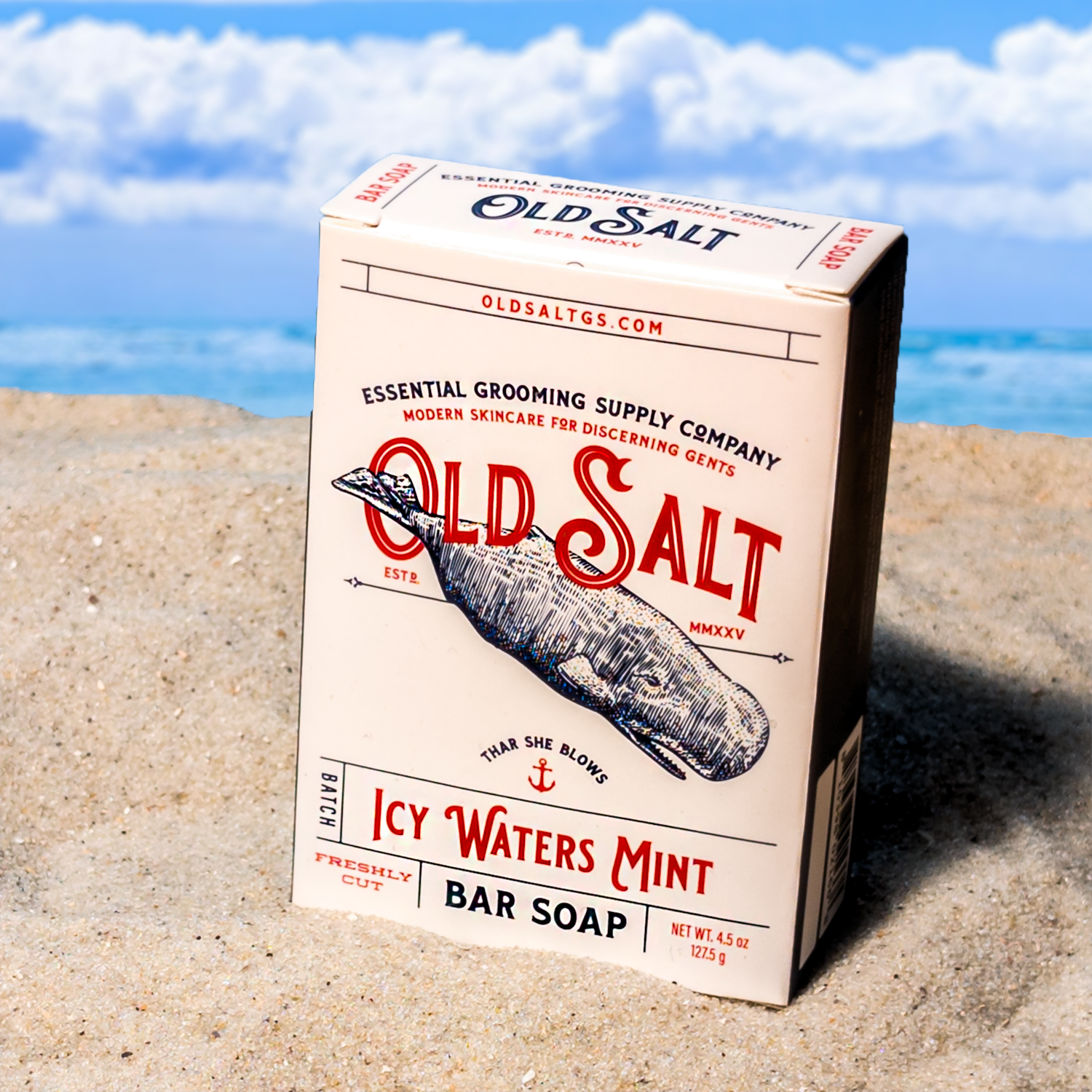 Box of Old Salt Icy Waters Mint Bar Soap on a Sandy beach