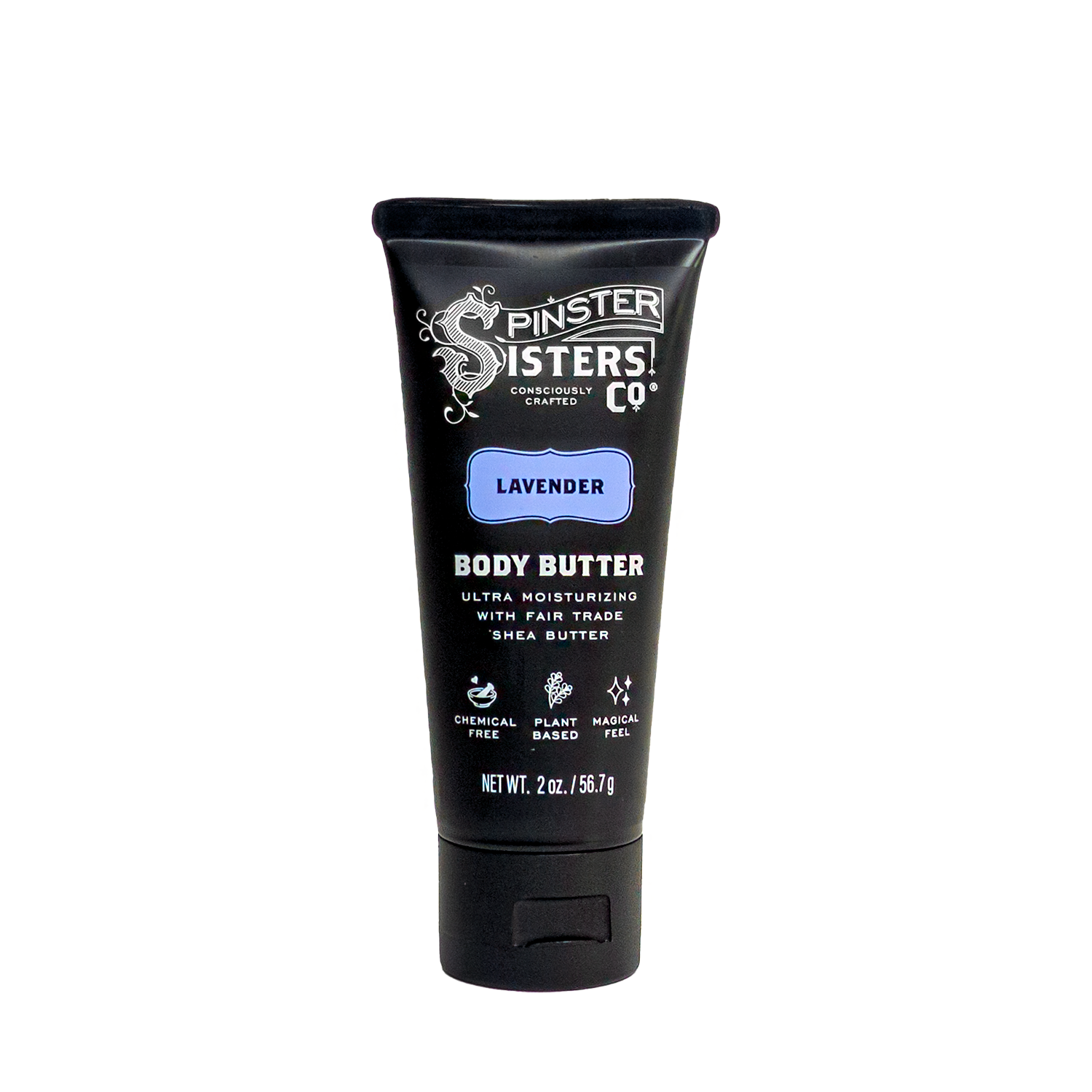 Black tube of Spinster Sisters 2oz Lavender Body Butter on a white background