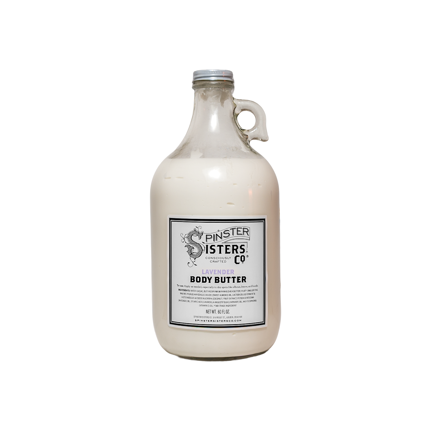 Glass jug of lavender bulk body butter with a label on a white background
