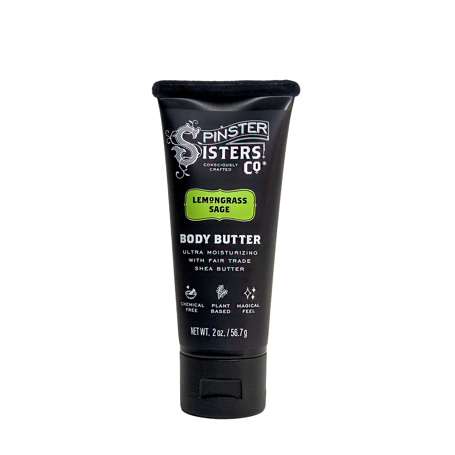 Black tube of Spinster Sisters Co. 2oz Lemongrass Sage body butter on a white background