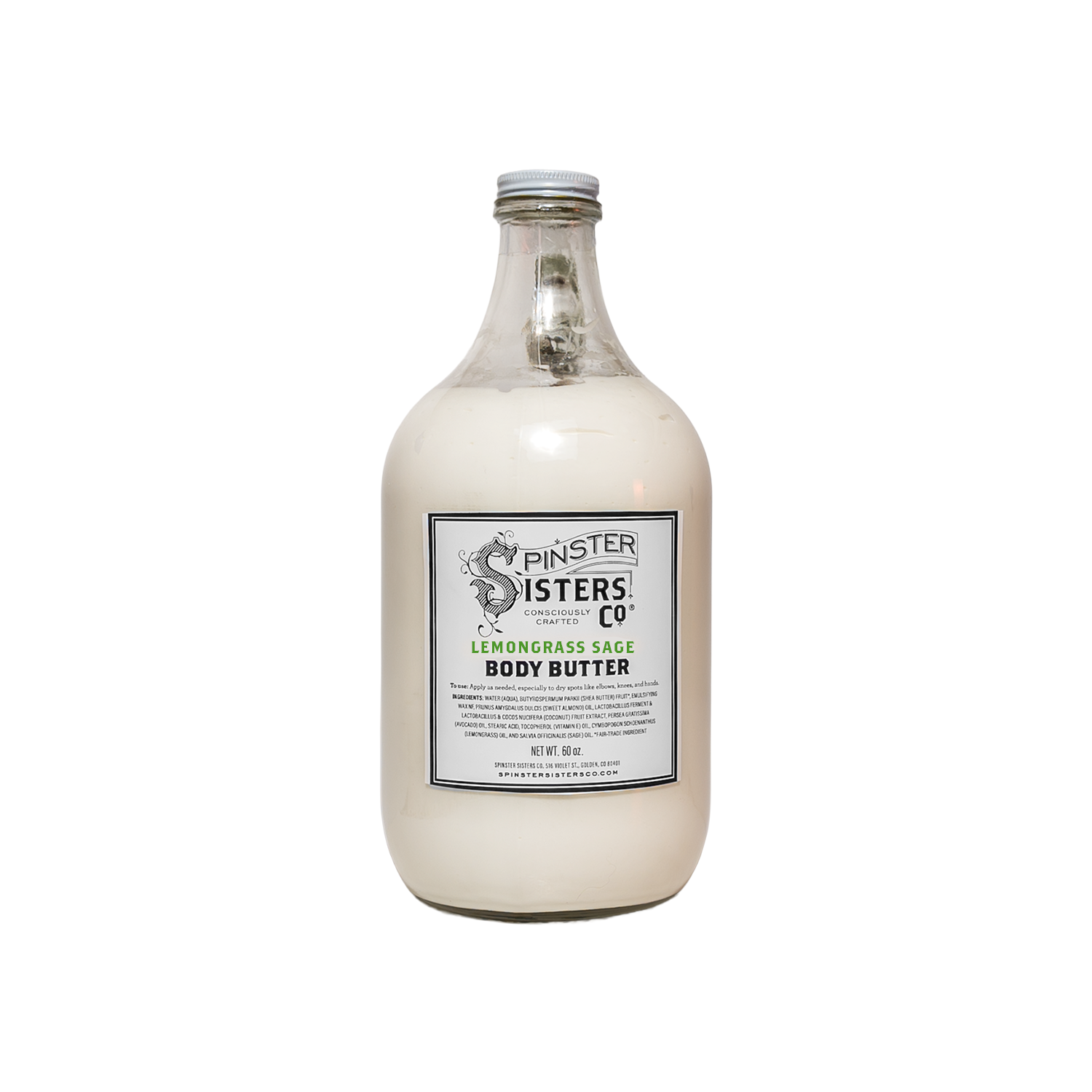Glass Jug of Spinster Sisters Co. Lemongrass Sage Bulk Body Butter on a white background