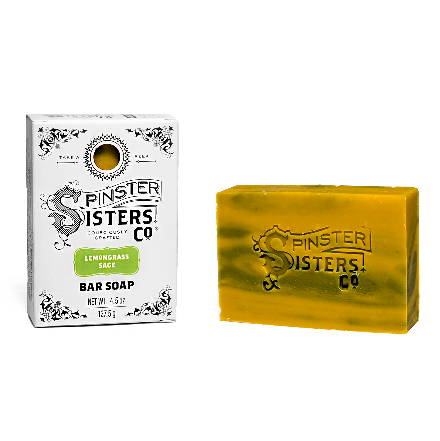 Spinster Sisters Co. Lemongrass Sage bar soap with packaging on a white background