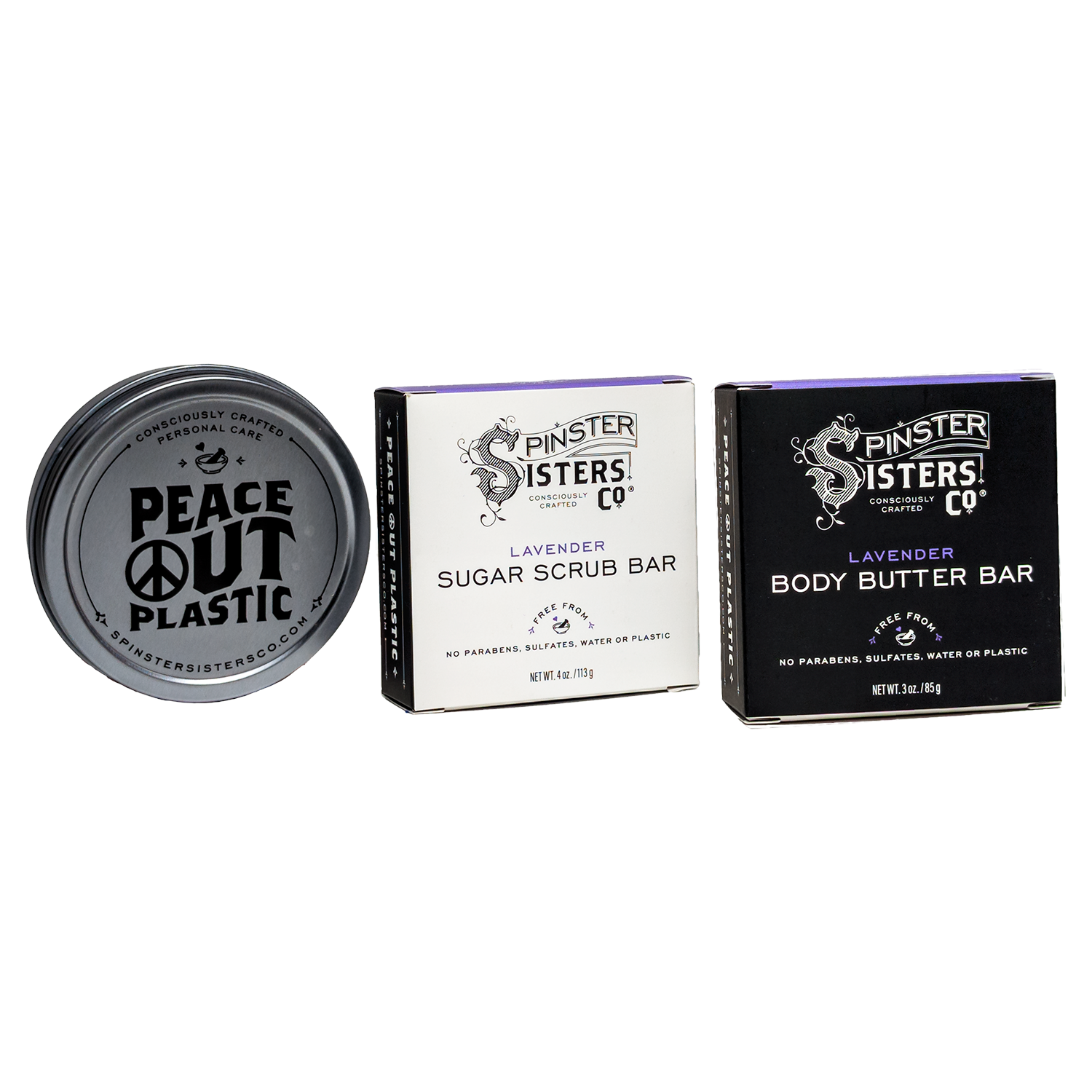 Spinster Sisters Co. Lavender body butter bar, 'Peace Out Plastic' Travel Tin, and a Lavender sugar scrub bar on a white background.