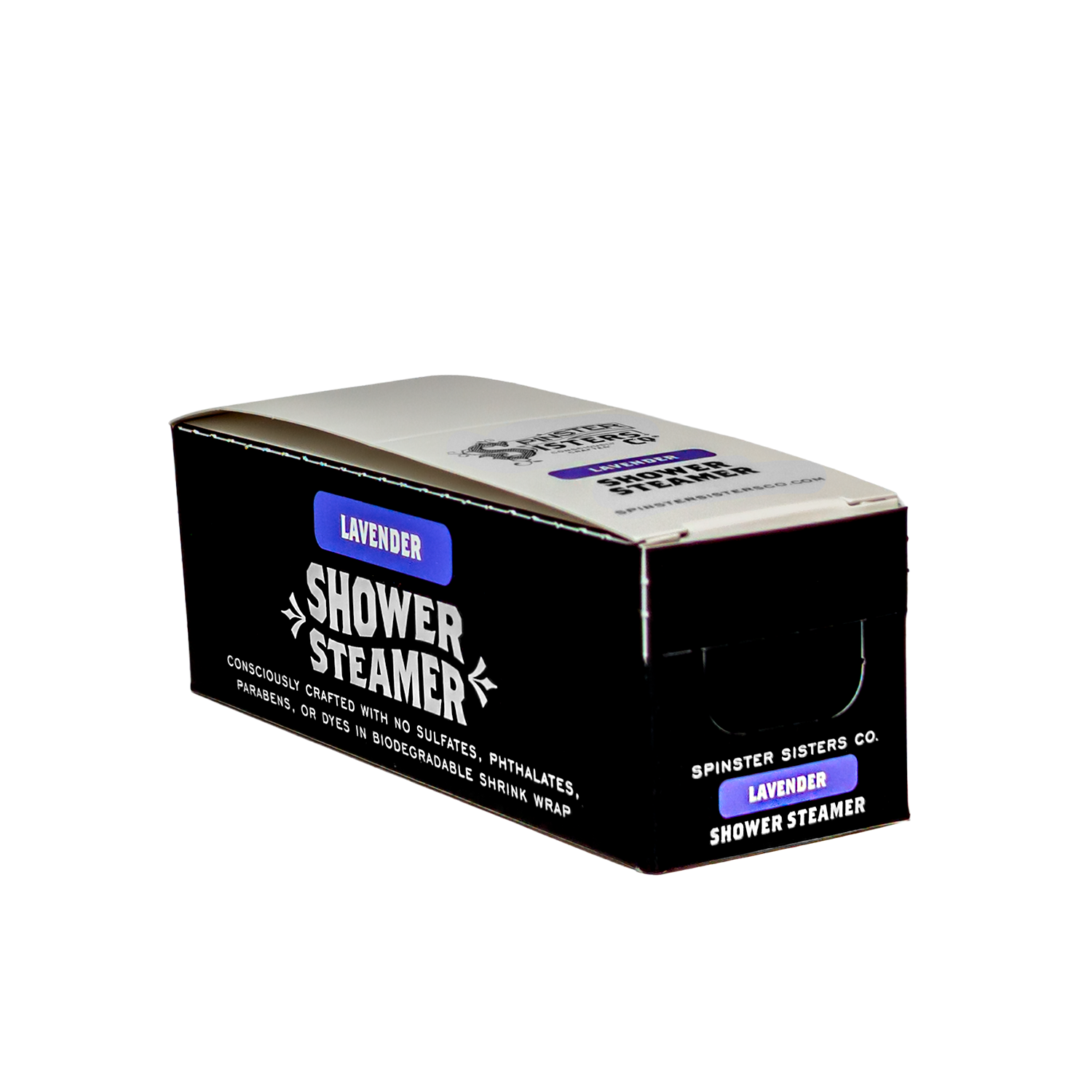 Box of lavender shower steamer with branding on a white background
