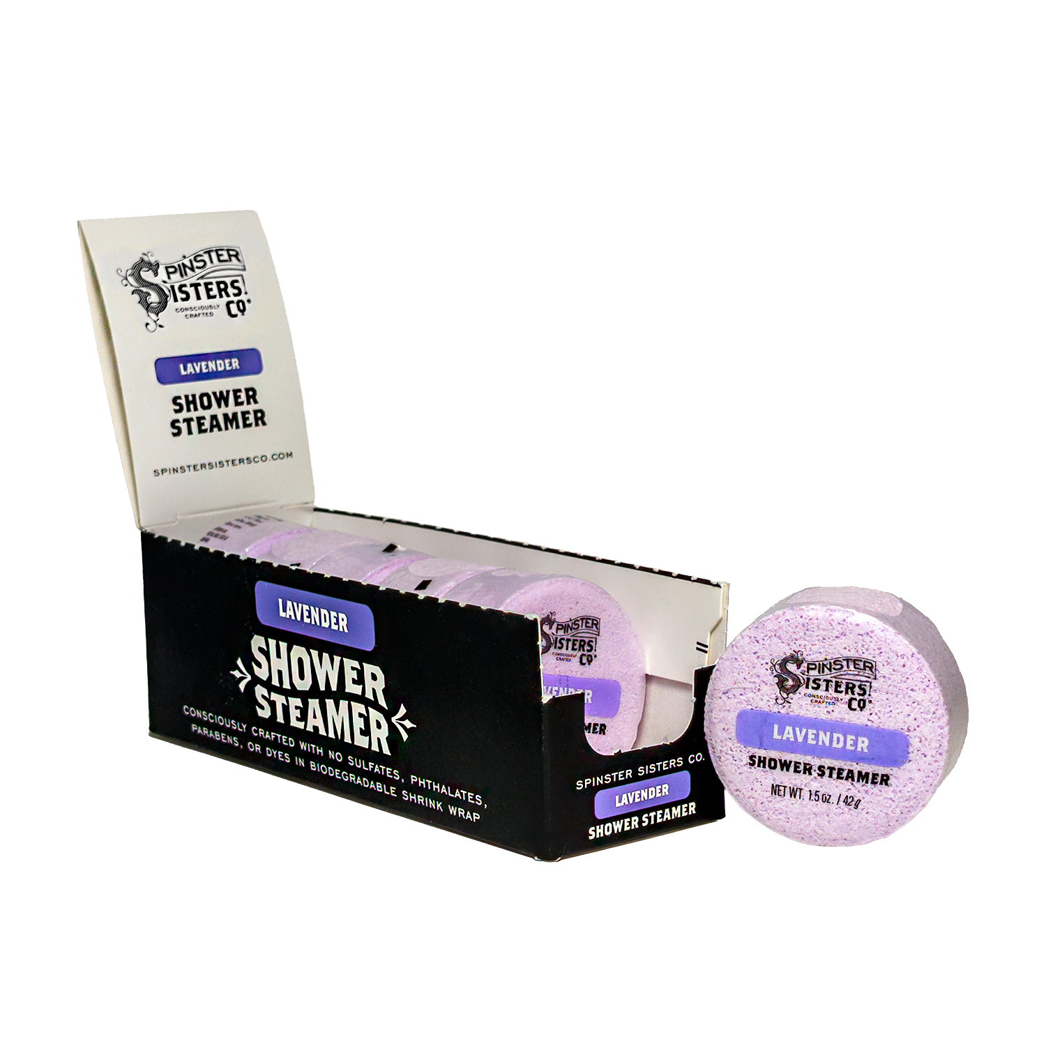 Lavender shower steamer with packaging on a white background