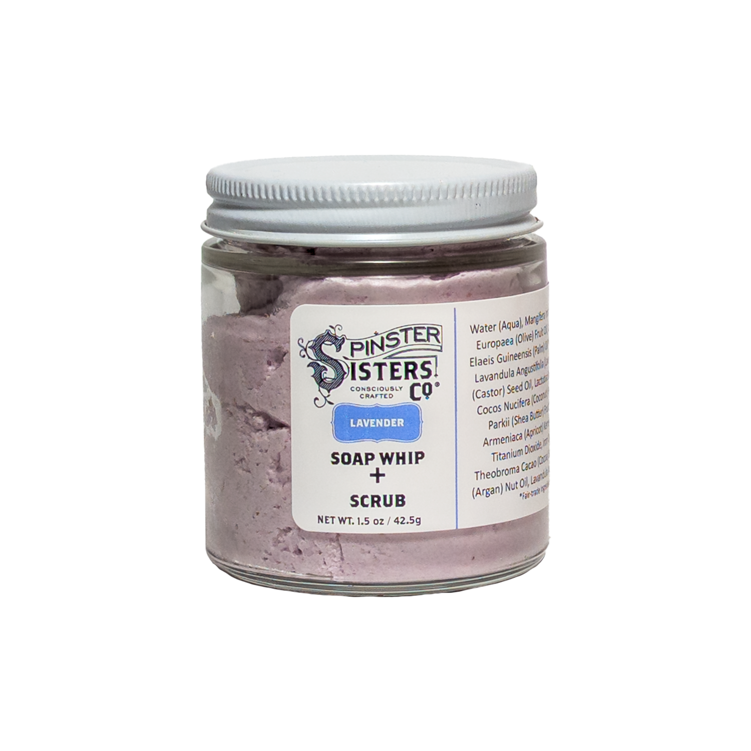 1.5 oz Jar of Spinster Sisters Co. Lavender whip + scrub on a white background