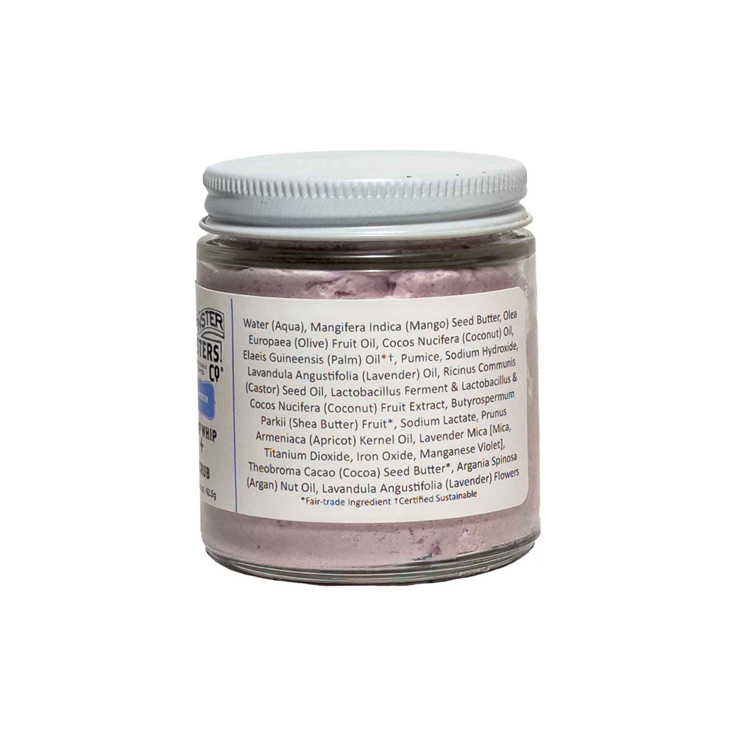 1.5 oz Jar of Spinster Sisters Co. Lavender soap whip + scrub ingredients list on a white background