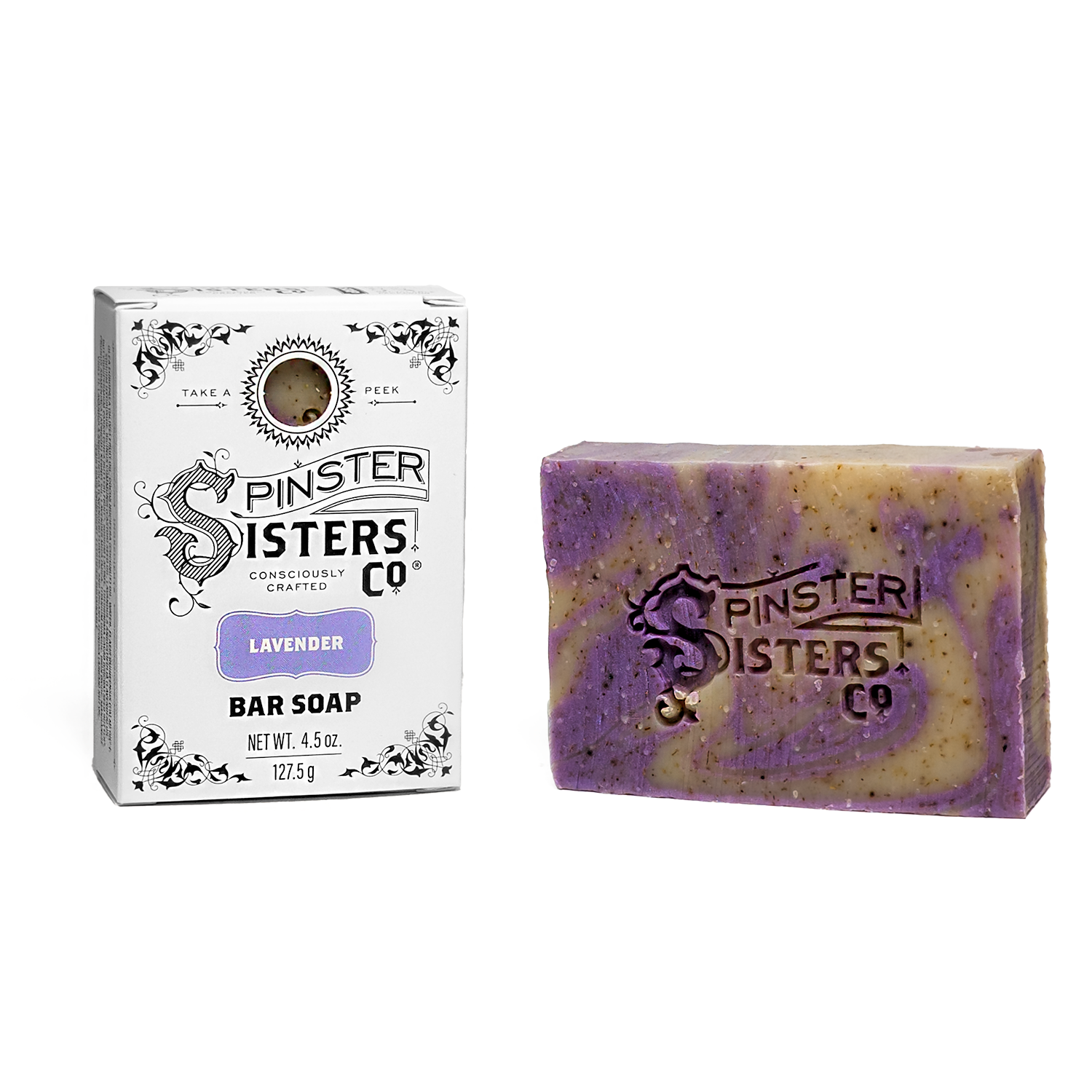 Spinster Sisters Co. lavender bar soap with packaging on a white background